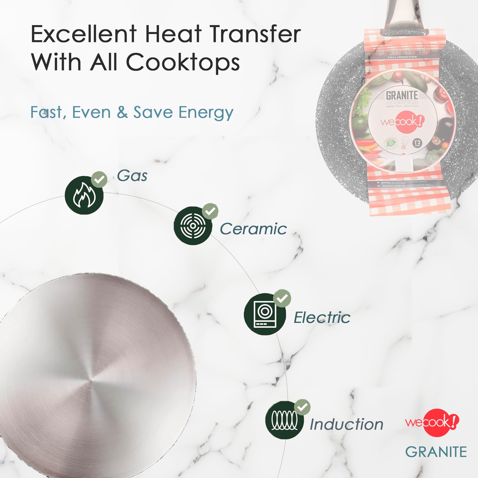 WECOOK! Granite Cazo Inducción Completa 20 cm, Aluminio Forjado, Antiadherente Ecológico Piedra sin PFOA, Mango Acero Profesional, Apto Todas las Cocinas, Vitrocerámica, Gas