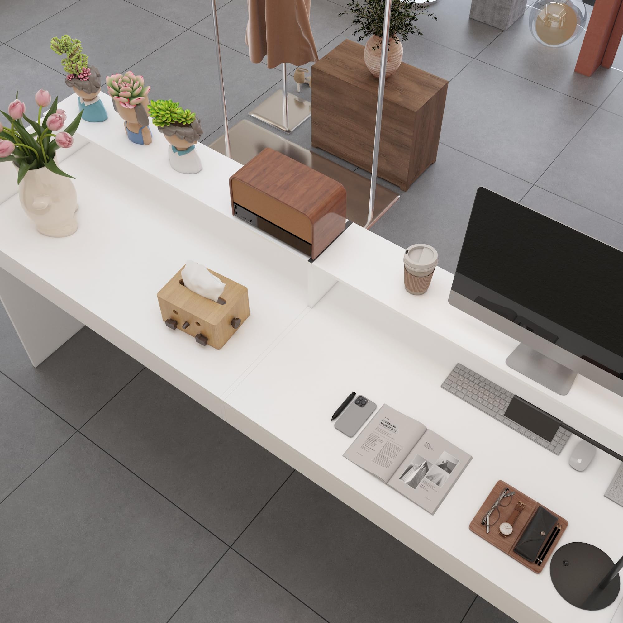 Banco di Ricevimento Con Grande Superficie di Lavoro, Bancone Della Reception, Tavolo da Ufficio Con Protezione per la Privacy, Bianco, 220 x 60 x 100 cm