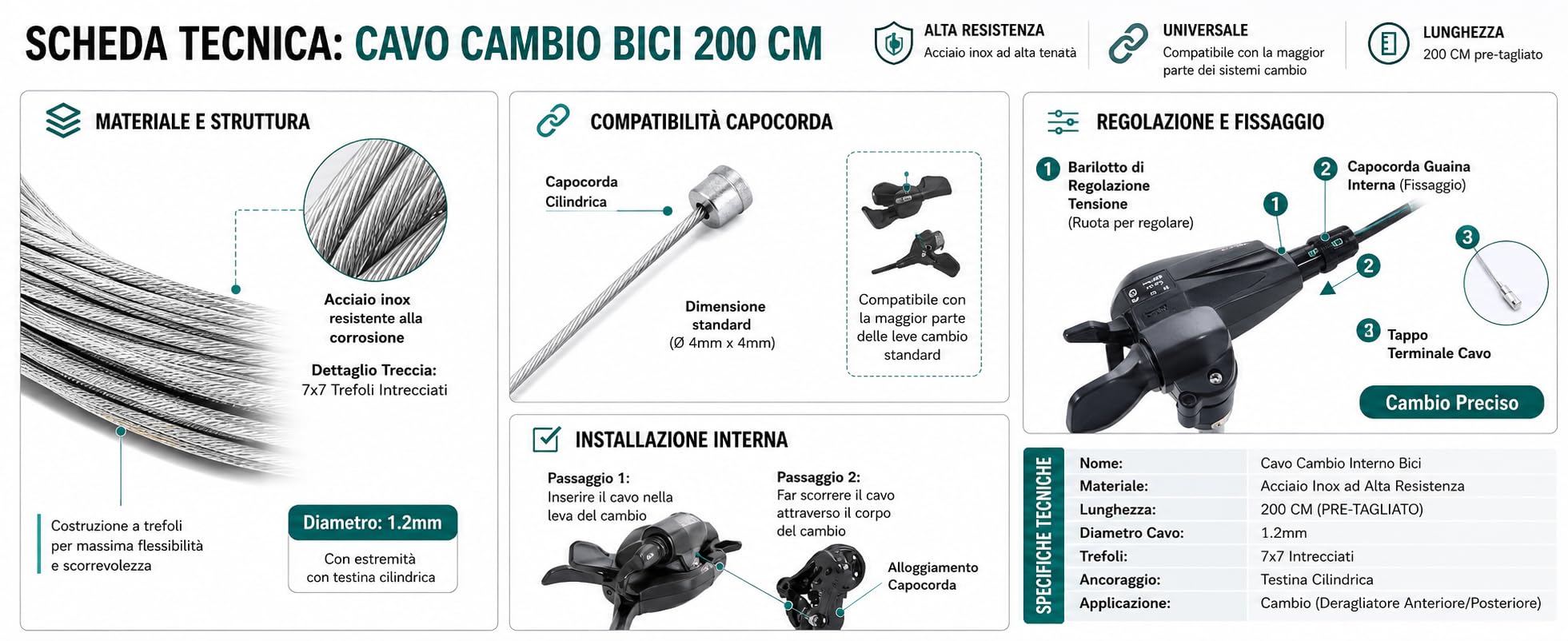 Câble De Frein Nlighting 200 Cm – Universel, Extrémité Cylindrique 7 Mm, Pour VTT Et Ville