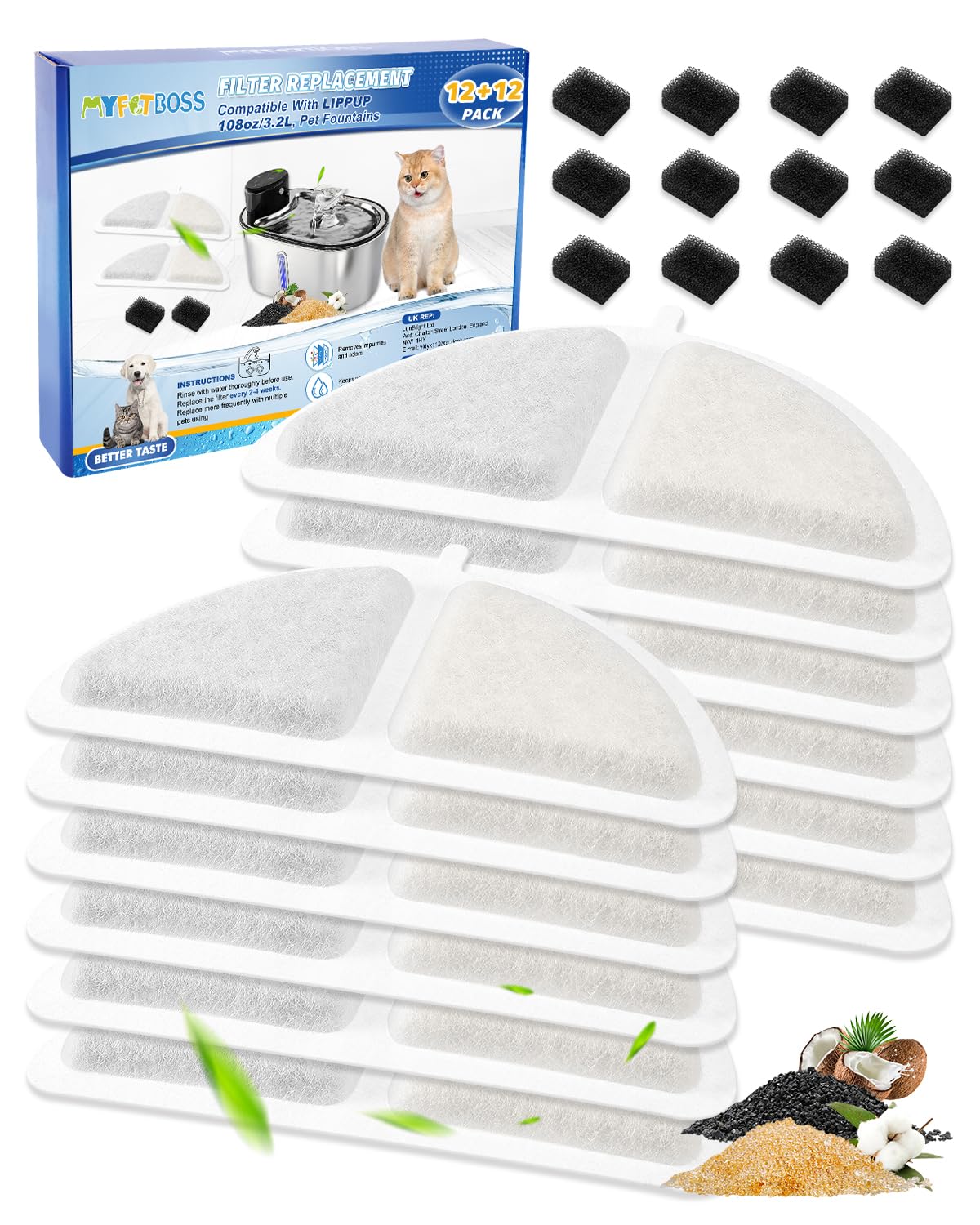 12+12 Pack Cat Water Fountain Filters Compatible with LIPPUP 3.2L