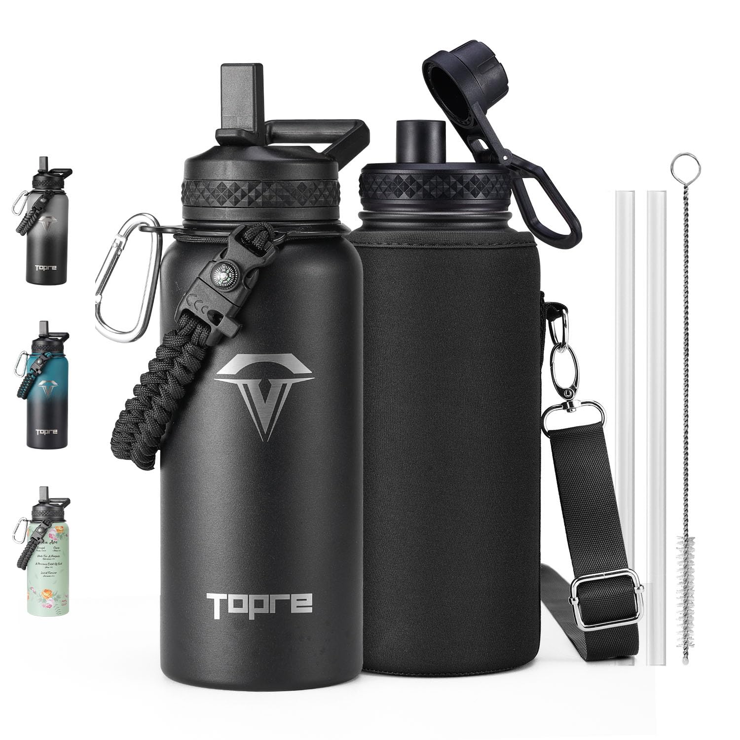 Topre Botella de agua aislada de 32 onzas, botella de agua al vacío de acero inoxidable, sin BPA y a prueba de fugas, con asa de paracaídas, correa, tapas de boquilla de popote, jarra de agua grande