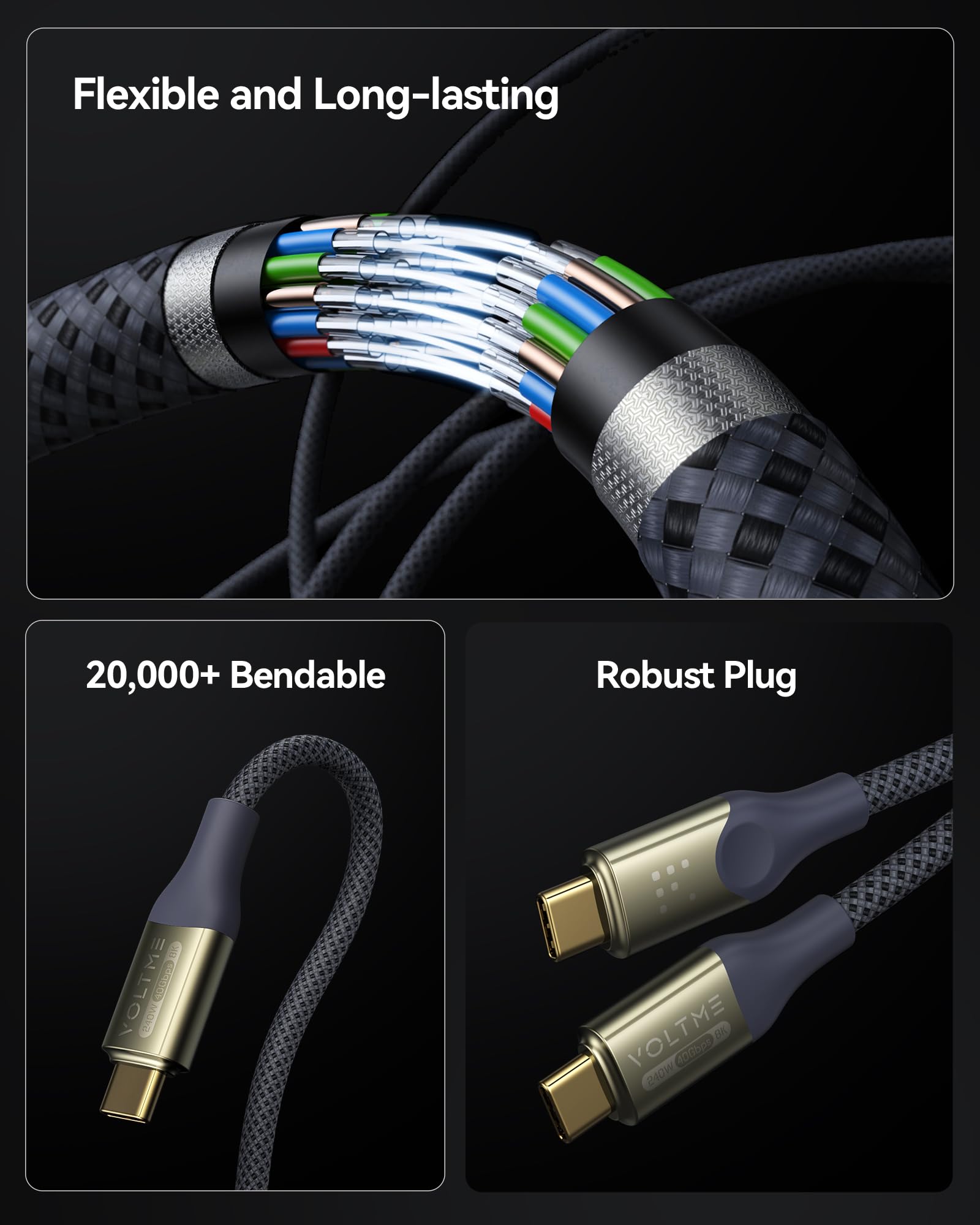 VOLTME Cavo USB-C Utron CTC 240W USB4.0 Type-C Cavo video USB 8K 60Hz 2,0 m/6,6 ft nylon intrecciato blu, Cavo ricarica per iphone 15 Pro MacBook, Galaxy S24 Ultra, Pixel, Dell, HP, Steam Deck ecc.