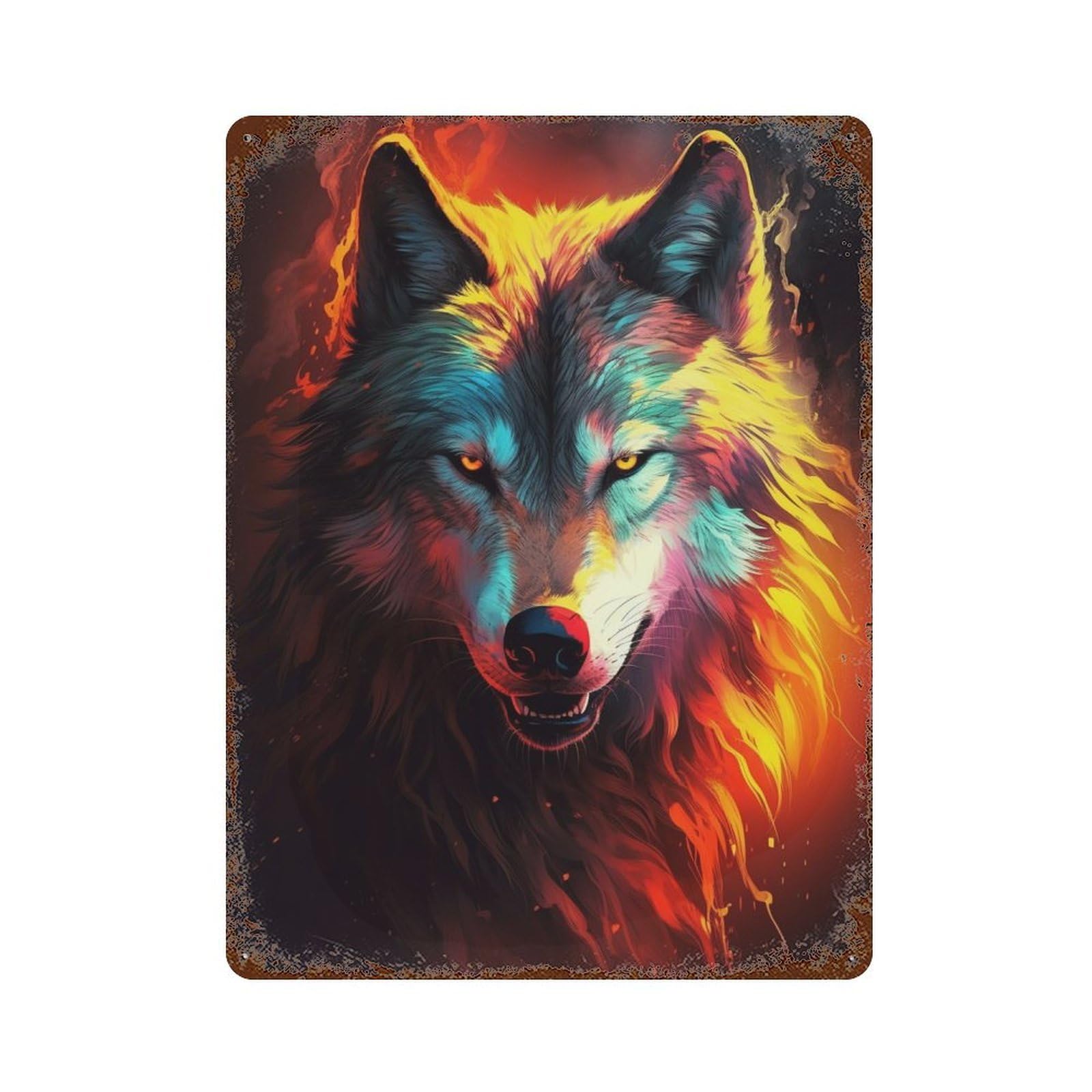 Flaming Wolf Art Print Vintage Metal Tin Sign 15.7"x11.8", Decorative Metal Wall Art for Garage, Pub Or Kitchen