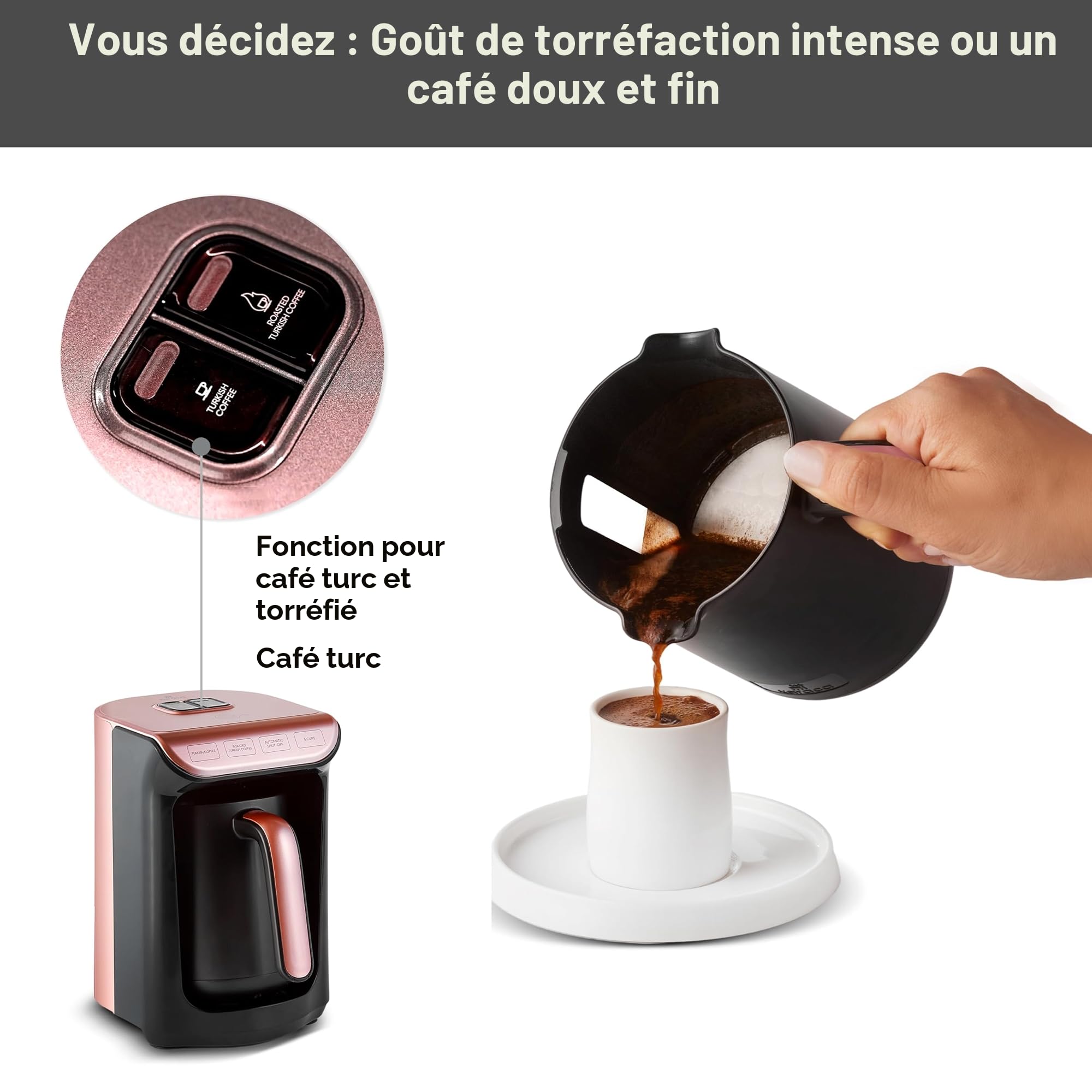 Karaca Hatır Roast Machine à café turque or rose Capacité 5 tasses Beaucoup de mousse, 535W, Système d'alerte vocale, Système d'alerte lumineux, Cuillère de mesure, Nettoyage facile