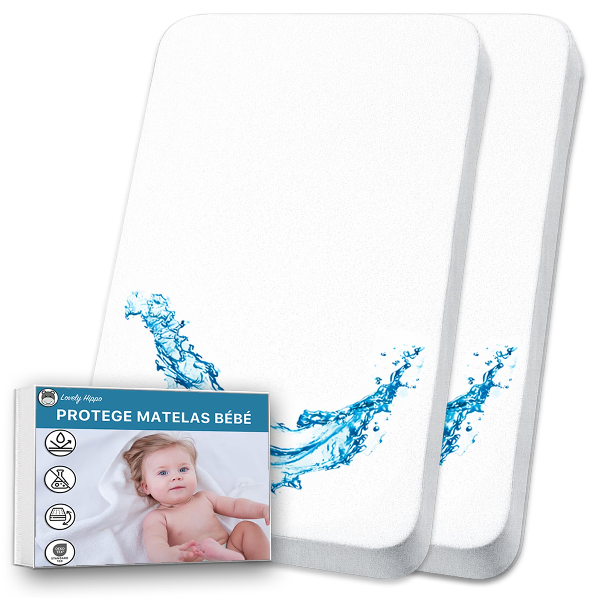 Lovely Hippo Cododo Matratzenschoner, 100 % wasserdicht – Öko-Tex – saugfähig und atmungsaktiv für Babys – ohne Behandlung und wasserdicht (50 x 83 cm (2er-Set)