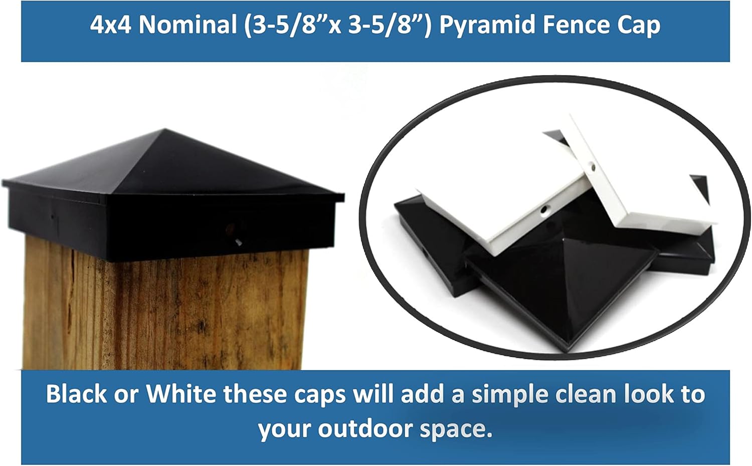Plastic Pyramid 4x4 Nominal (3-5/8"x3-5/8") Fence Post Caps with Pre-Drilled Hole Black or White Multi- Quantity Packs (32, Black)
