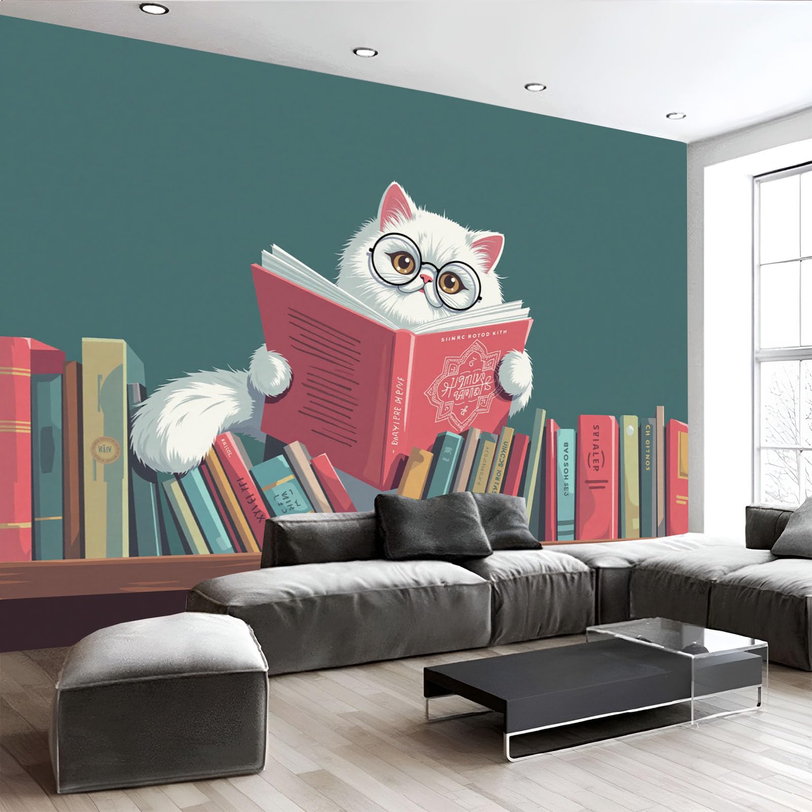 Papier Peint Panoramique Chat Rétro : Transformez un mur vide en bibliothèque colorée