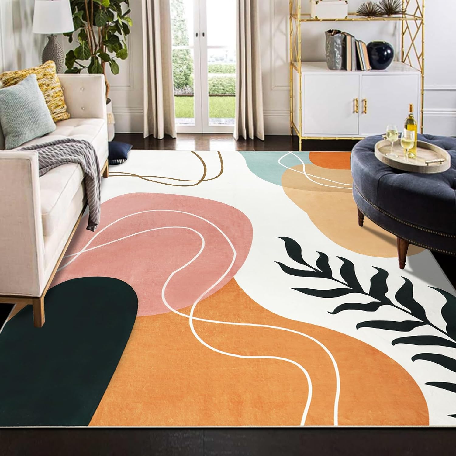 boho art area rug 6x9 washable rug for living room aesthetic minimalist mid century carpet soft non slip low plie colorful rugs for bedroom dining room nursery modern home decor 6'x9' pink