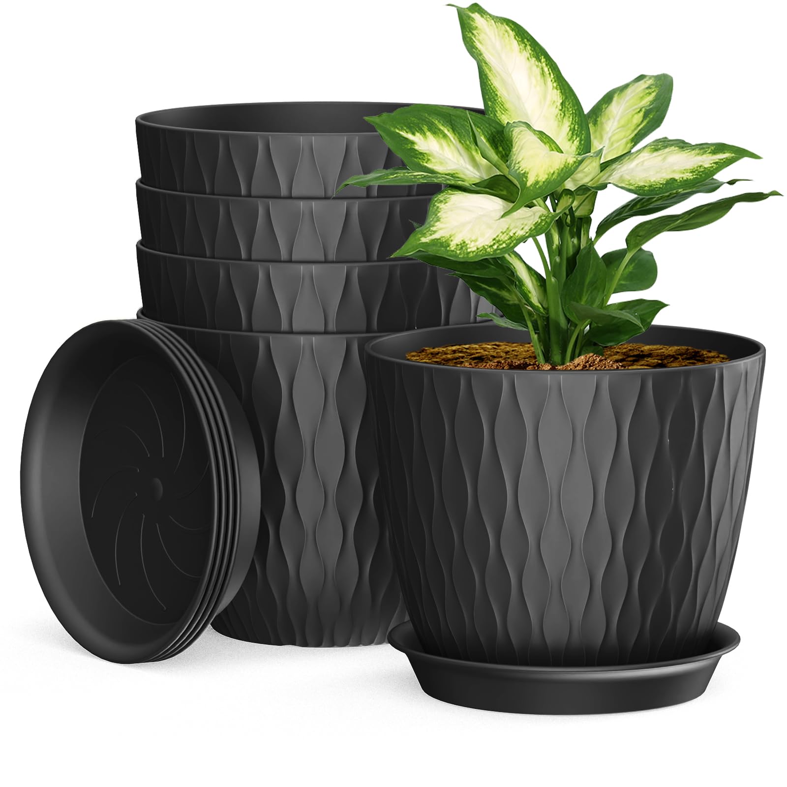 17cm Plant Pots Indoor, 5 Pack Plastic Planters with Drainage Holes and Saucer