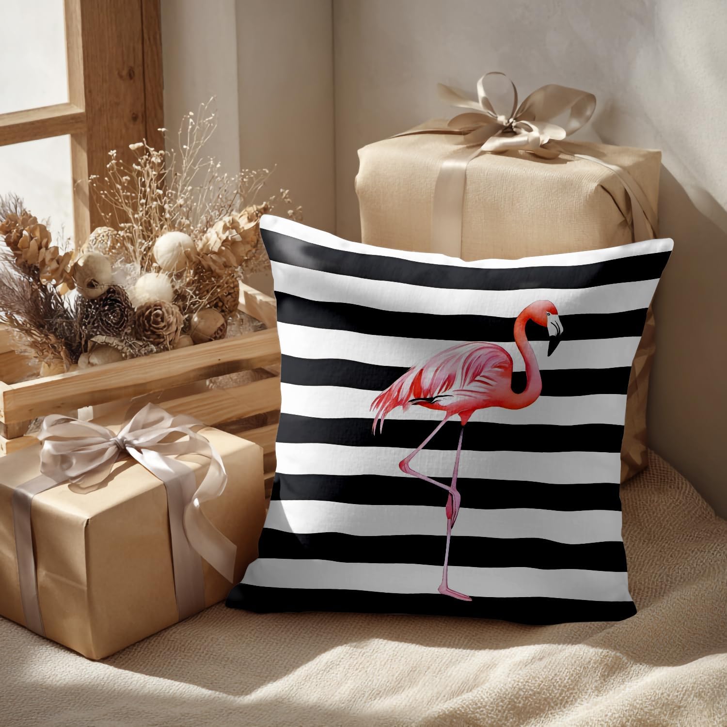 Batmerry Summer Pillow Covers 20X20, Tropical Pillows Flamingo Throw Pillows Black Stripes Pillow Case Digital Printing Blended Fabric for Couch Sofa Bed Invisible Zipper (Set of 2)
