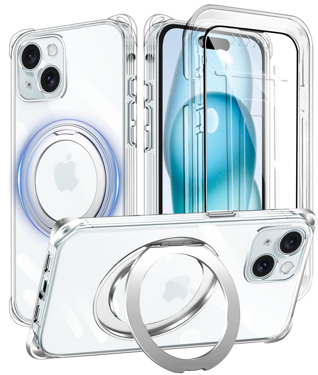 Cexitesuo For iPhone 15 ケース クリア リング付き 360°回転スタンド 縦横両対応 耐衝撃 ガラスフィルム付き アイフォン15 カバー 軽量 薄型 人気 iphone15 スマホケース 透明 TPU 四隅がエアクッション構造 車載ホルダー対応 (クリア)