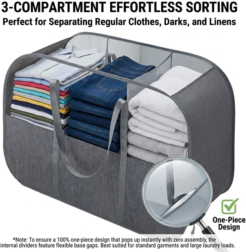 150L Collapsible Laundry Basket, 3-Compartment Hamper, Grey | Instant Pop-up Foldable Hamper with Handles for Darks & Lights Sorting. Heavy-duty Organizer for Laundry Room & Dorm.