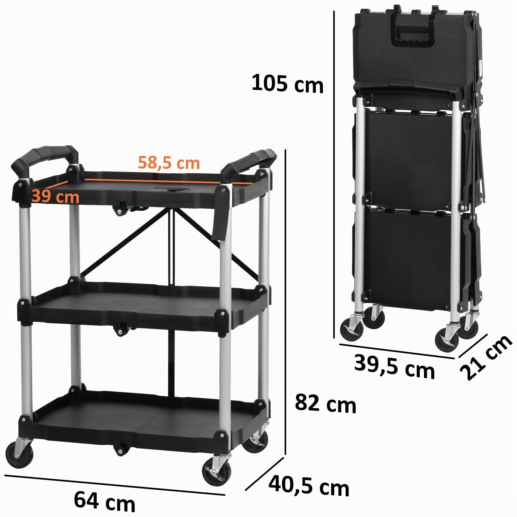 Mahlzeit Carrello di servizio pieghevole con rotelle | 64 x 40,5 x 82 cm, portata fino a 150 kg | ripiano pieghevole a tre livelli, ripiano pieghevole in piedi Ripiano di stoccaggio