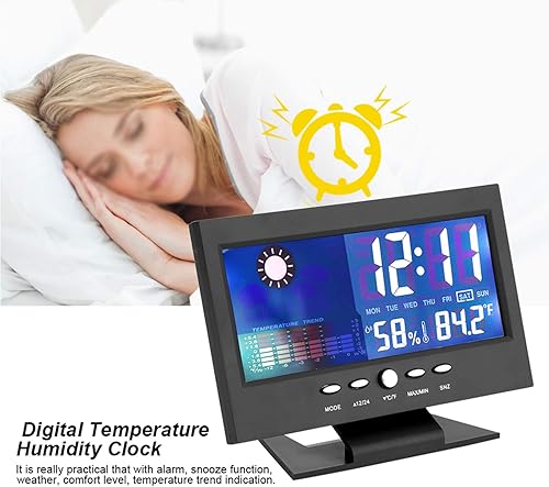 Miniatura 4 de Reloj digital, pantalla digital de temperatura y humedad con alarma, 12/24 horas conmutable para actividades y regalos, default, Moderno