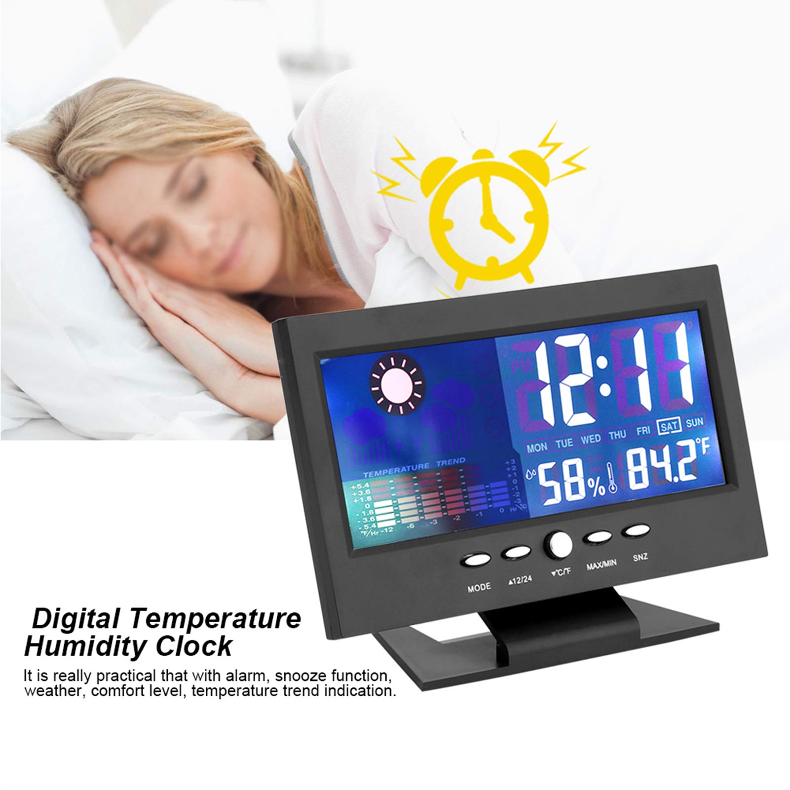 Alarm Clocks for Bedrooms, Weather Station Indoor Outdoor Thermometer Digital Alarm Clock with Date Temperature and Weekday for Living Room