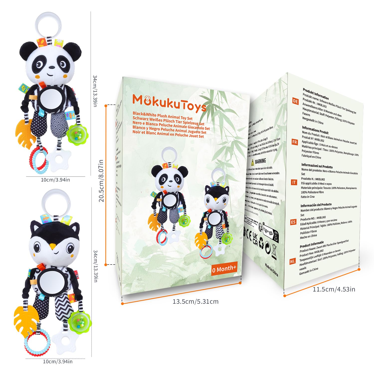 Noir et Blanc Jouets Bébés,Peluche Animal Suspension Hochets Jouet,Bébés Jouet Sensoriel,Nouveau-nés Poussette Jouets Cadeau pour Garçons et Filles 0 3 6 9 12 Mois