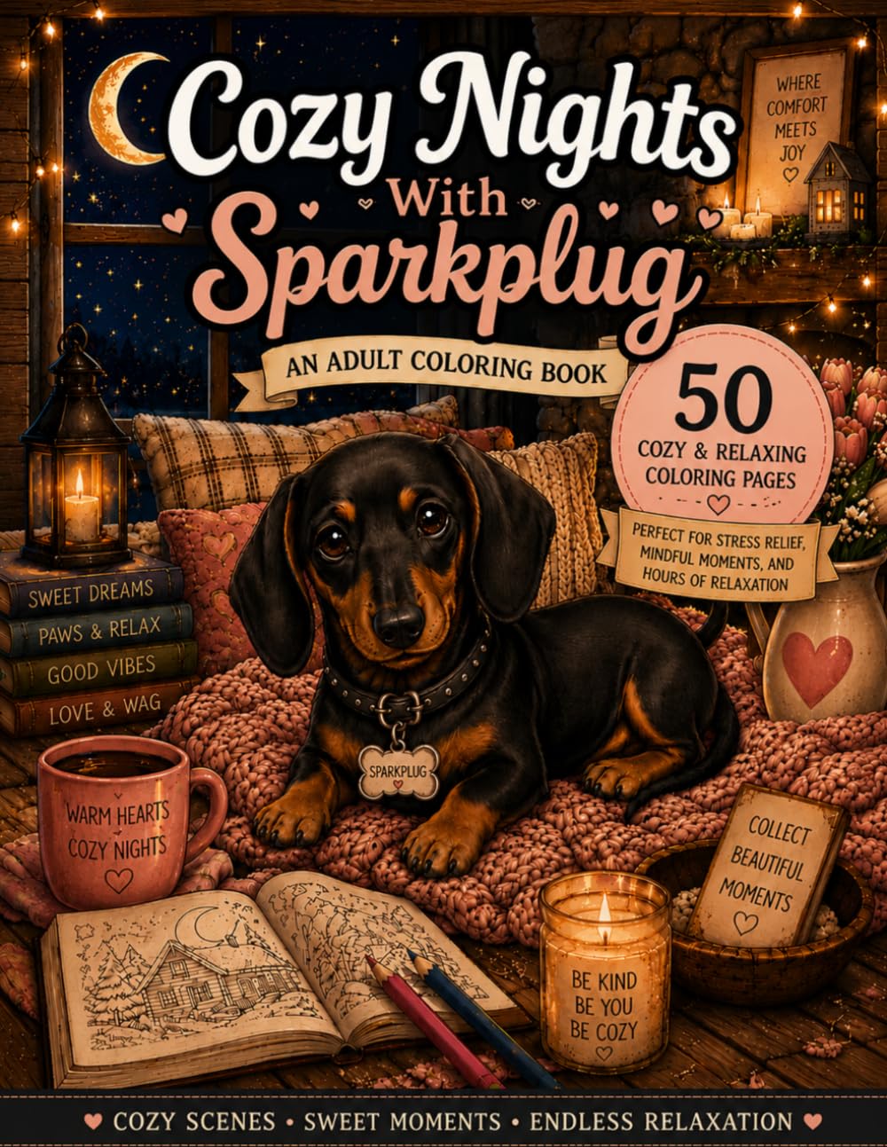 Cozy Nights With Sparkplug Adult Coloring Book: 50 Hygge Style Relaxing Coloring Pages Filled with Cute Dachshunds, Cottagecore Moments, Warm Cabins, Rainy Nights And More (Sparkplug The Wiener Dog)