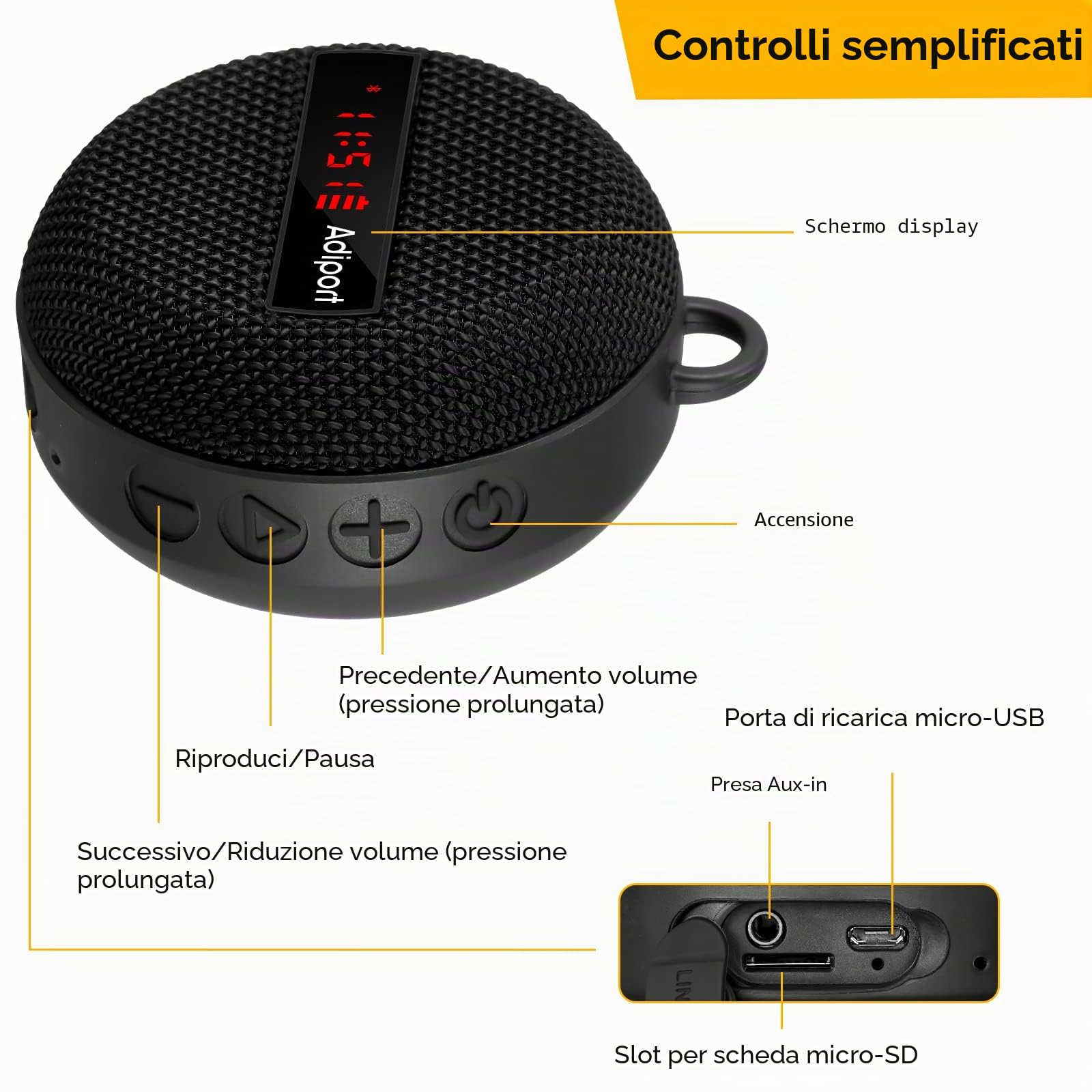 altoparlante bluetooth bicicletta,velocità di guida, visualizzazione tempo,altoparlante portatile wireless per bicicletta, IP65 impermeabile e antiurto per escursioni in bicicletta all'aperto