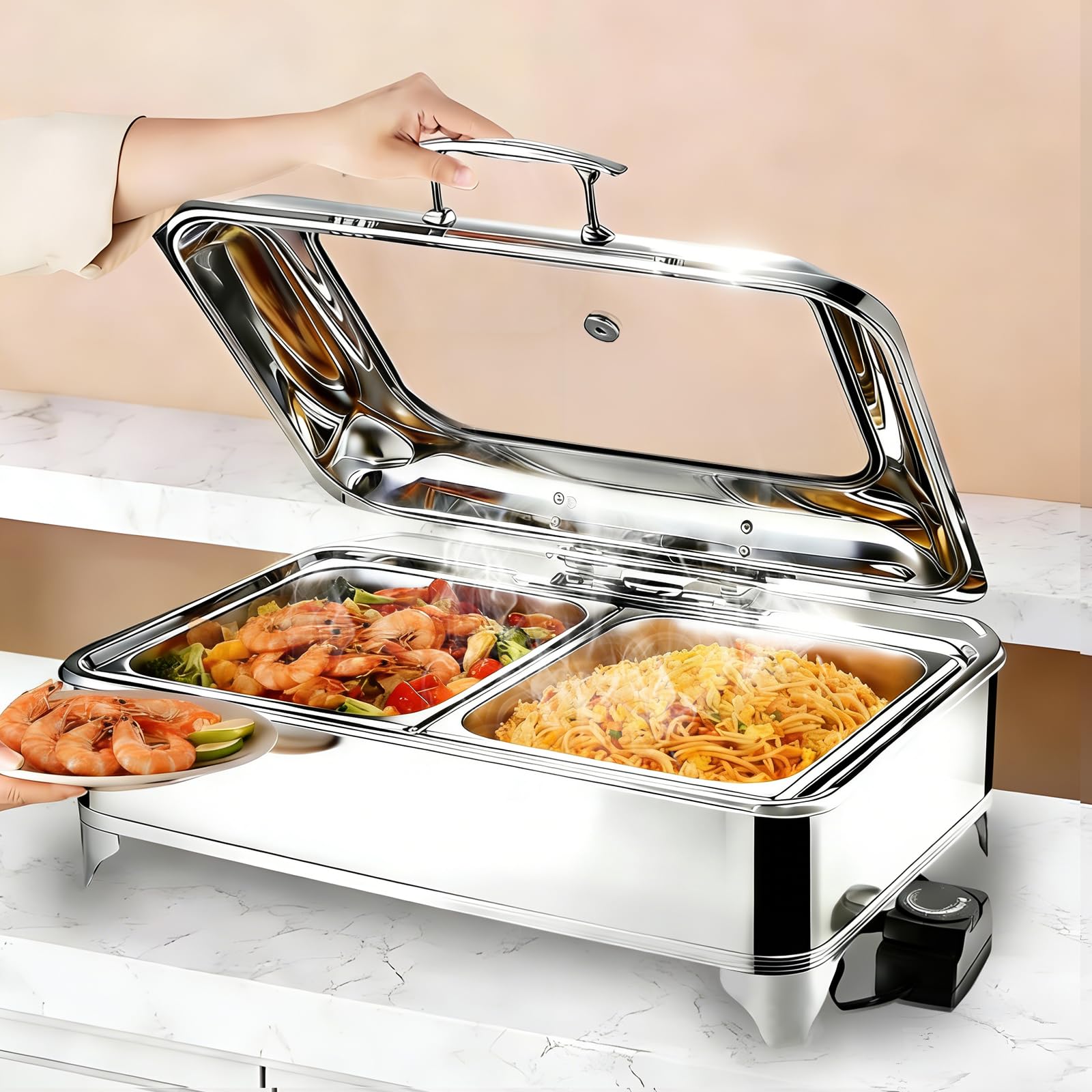 Elektrischer Chafing Dish Glasdeckel, 9L Edelstahl(1/2 Pan)
