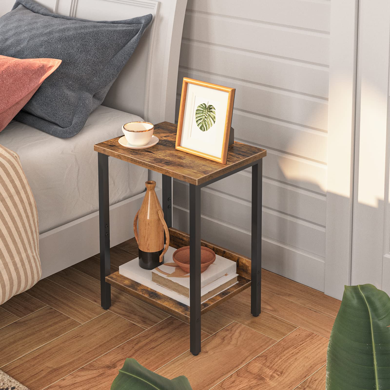 ALLOSWELL End Tables Set of 2, Side Tables with Storage Shelf, Slim Nightstands, Steel Frame, for Living Room, Bedroom, Study, Industrial Design, Rustic Brown ETHR5001S2