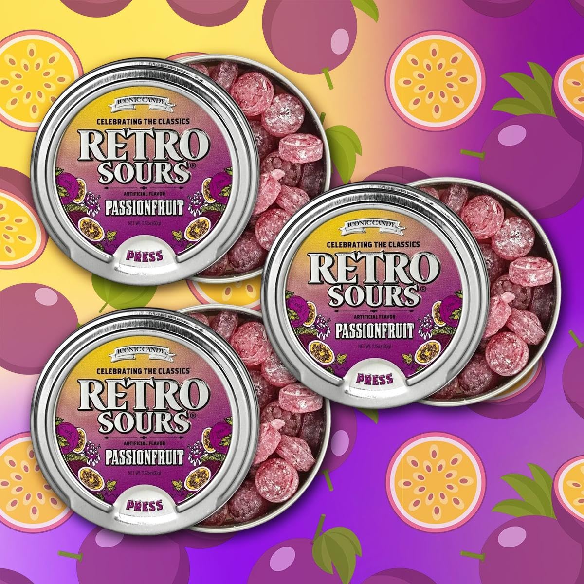 Retro Sours Hard Candy Variety Pack – Vintage Sour Candy Gift Set – 6 Tins of Tangy Fruit Flavors (Tangerine, Citrus, Mango, Raspberry, Apple & Passionfruit) – 6 Tins Variety Pack