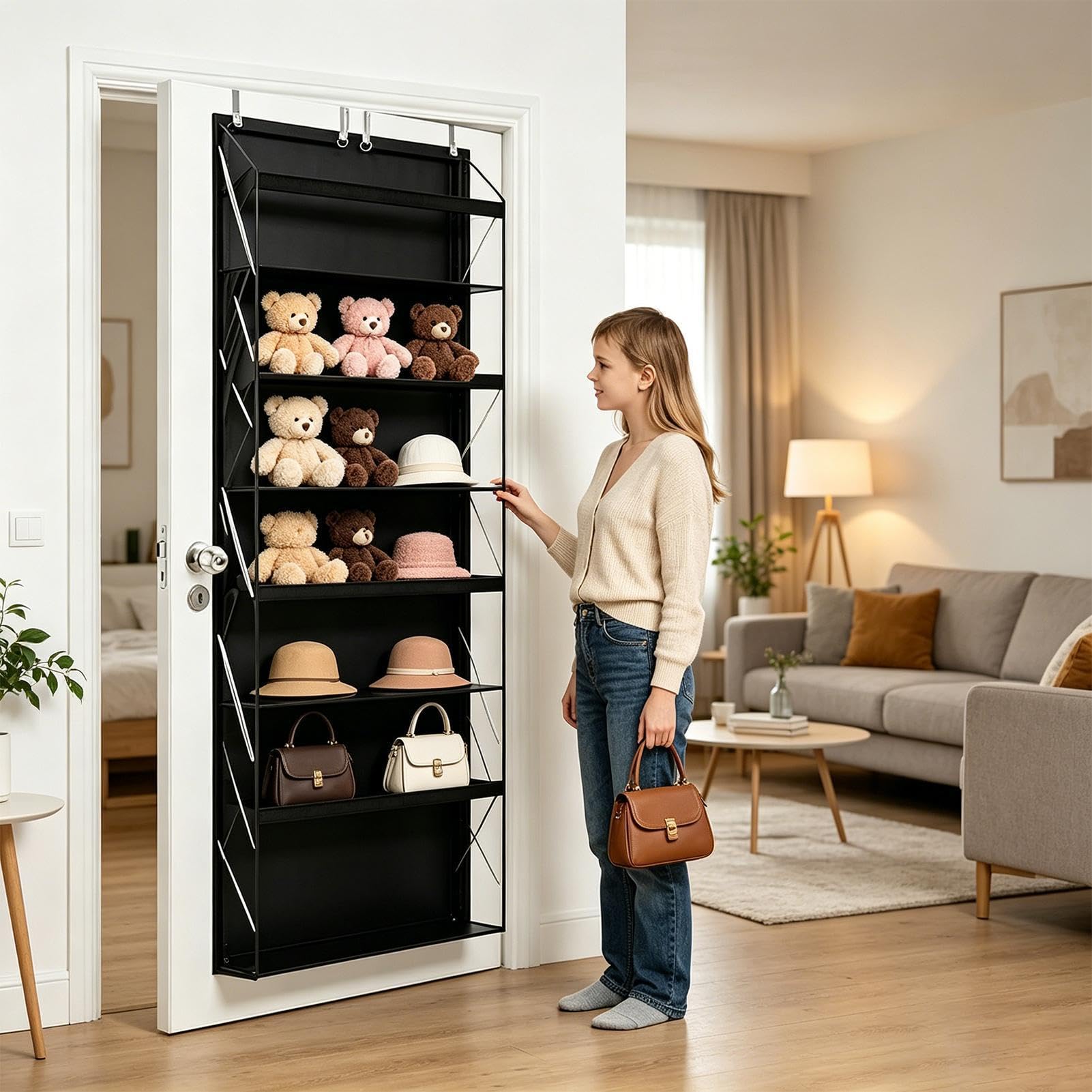 Tür-Organizer – 4-stöckiges Plüschtier-Aufbewahrungsregal | Hängetaschen-Organizer, hinter der Tür hängende Regale für Badezimmer, Wohnheim, Kinderzimmer, Wohnung, Schrank, Haus, Puppenkleidung