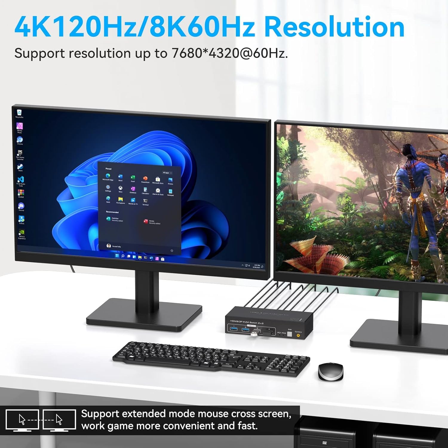 VPFET Commutateur KVM DisplayPort HDMI 4K120Hz - 2 ordinateurs, 2 moniteurs, 8K60Hz - Commutateur double moniteur pour 2 PC avec 4 ports USB 3.0 - Copie et affichage étendu, contrôle de bureau