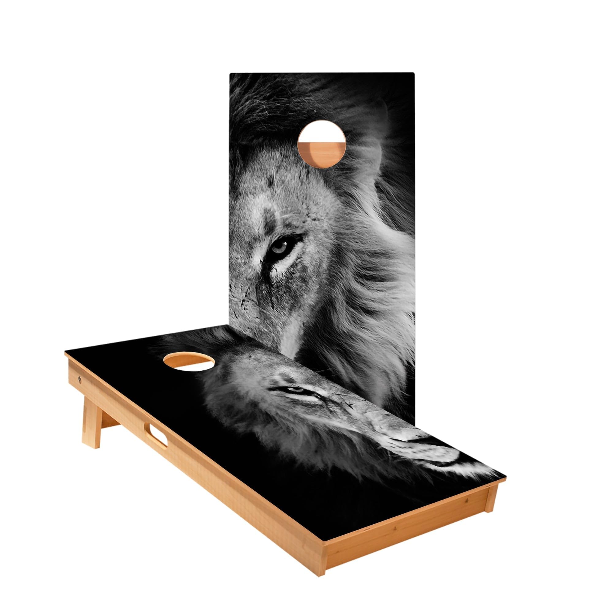 Skip's Garage Black and White Lion Cornhole Boards - Includes (2) Boards (Resin Bags) + (1) Case & (2) Edge Lights
