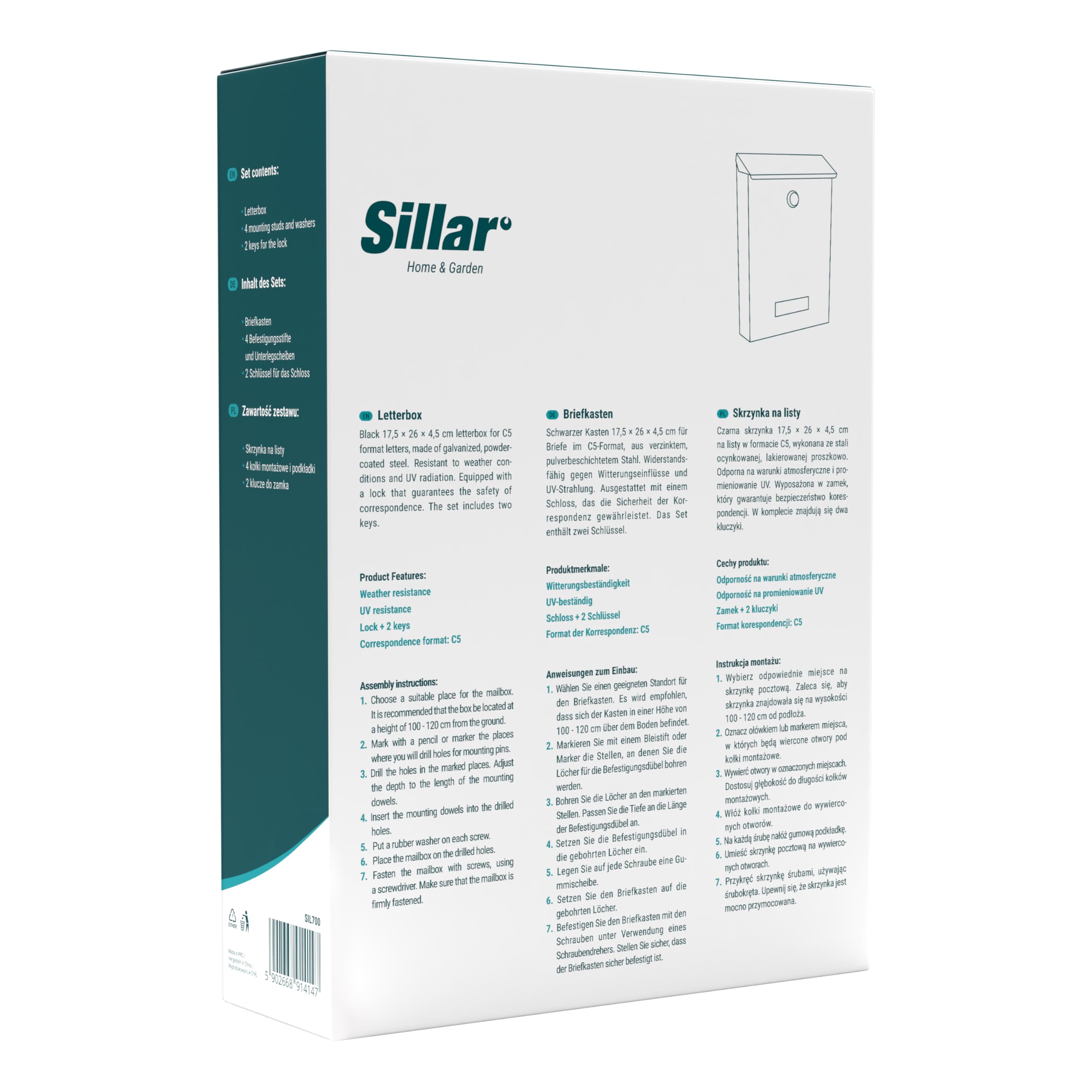 Sillar Buzón de Pared, con Cerradura, Placa para Nombre | De Acero galvanizado, Resistente a Las inclemencias del Tiempo y UV | 26 × 18,3 × 5,2 cm, Negro | 2 Llaves Incluidas | Formato C5