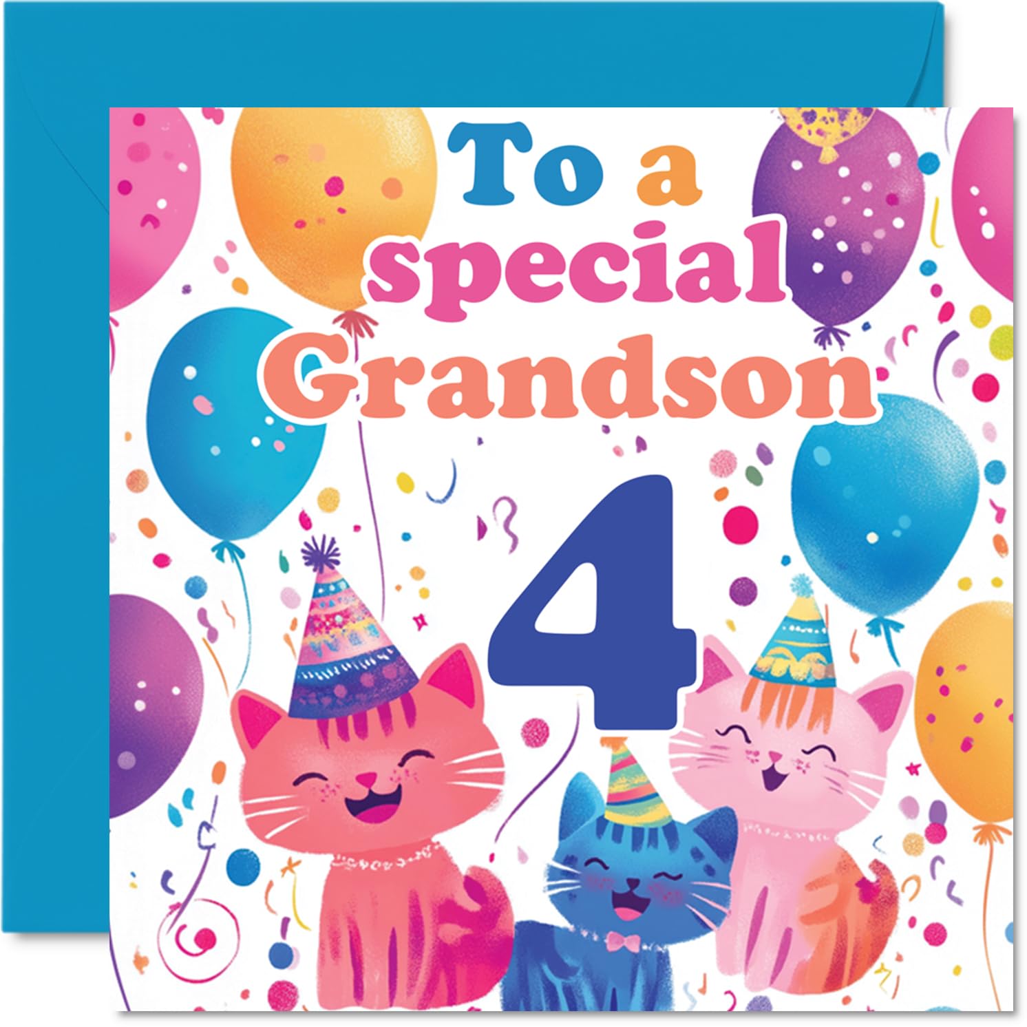 4th Grandson Birthday Card - Cute Cats Special Grandson - Happy 4th Birthday Card from Nanny Grandma Grandad, 145mm Age 4 Greeting Cards