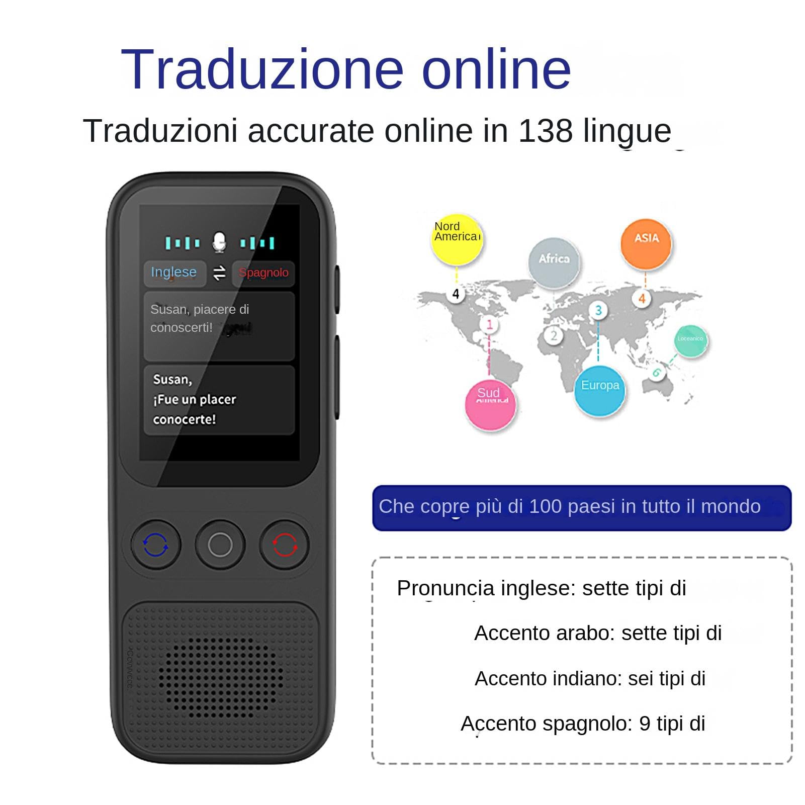 Traduttore Simultaneo Vocale, Traduttore Vocale Istantaneo Multilingue, Dispositivo Di Traduzione Da 138 Lingue, Dispositivo Di Traduzione Senza WiFi, 138 Lingue E Accenti, Ricaricabile