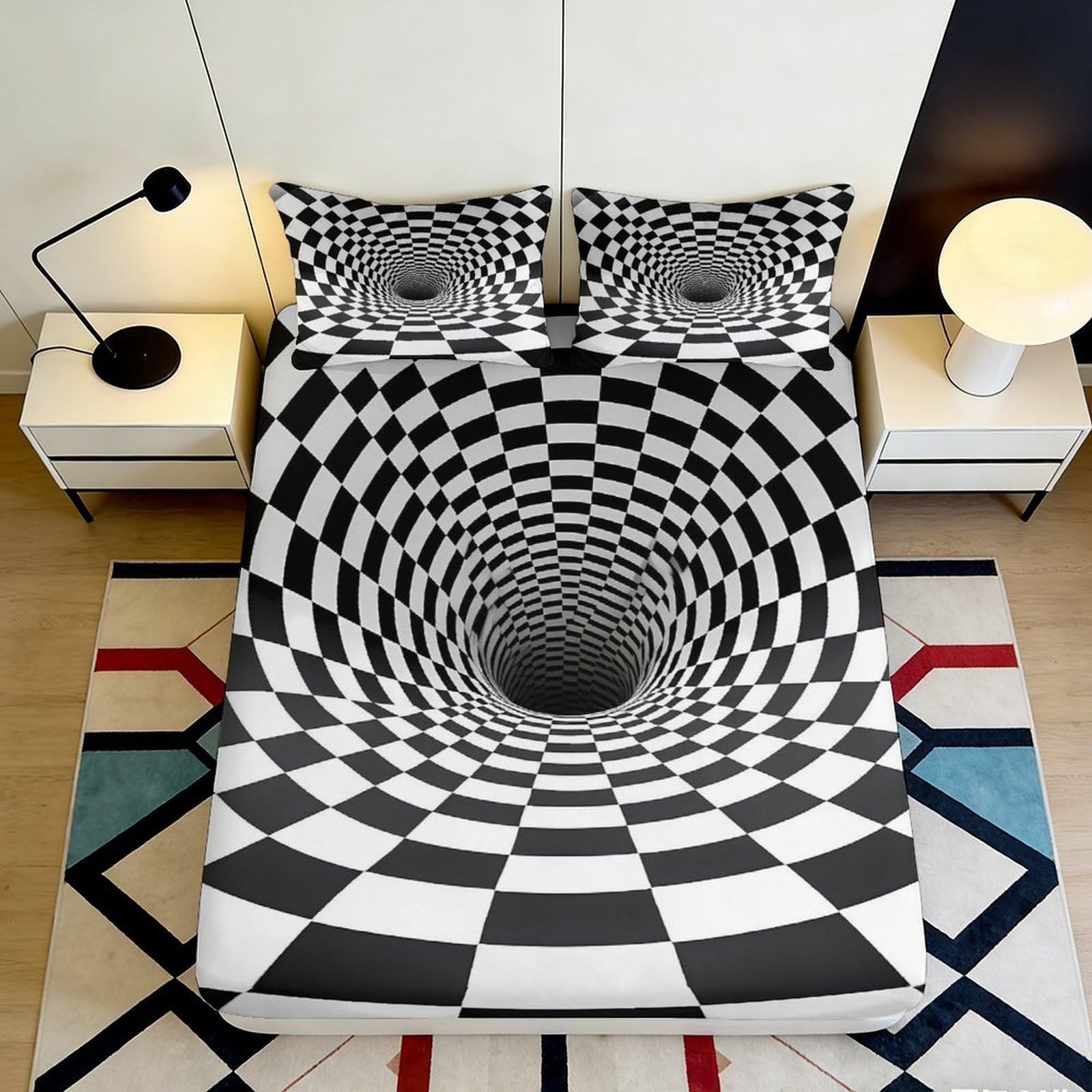 3D Printed Optical Illusion Fitted Sheet Microfiber Soft Black White Tunnel Bed Cover for Bedroom Dorm Decor 90x200x25cm