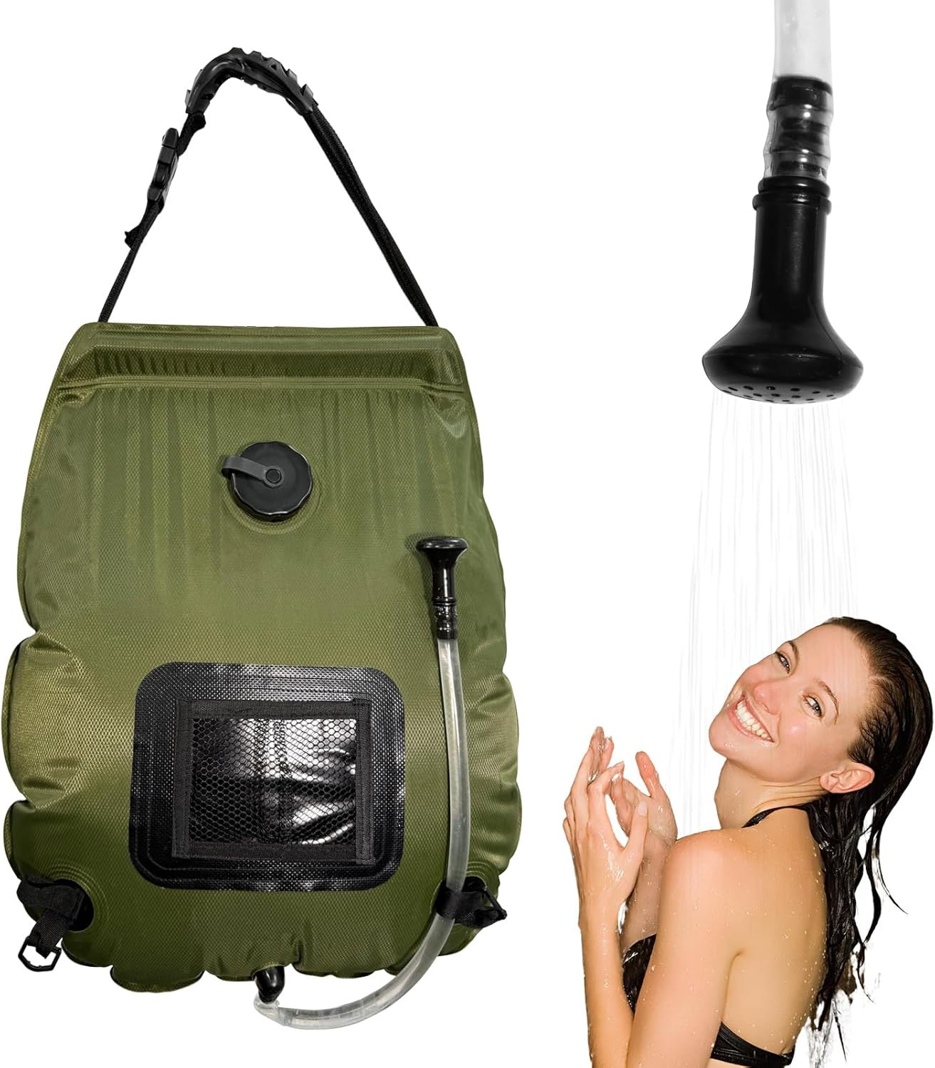Solar Shower Bag 5-Gal/20L Camping Shower Bag with Lightweight Telescopic Switch, Removable Hose for One Handed Operation for Outdoor Camping Shower?After Beach Swimming?Hiking and RV Portable Shower Green