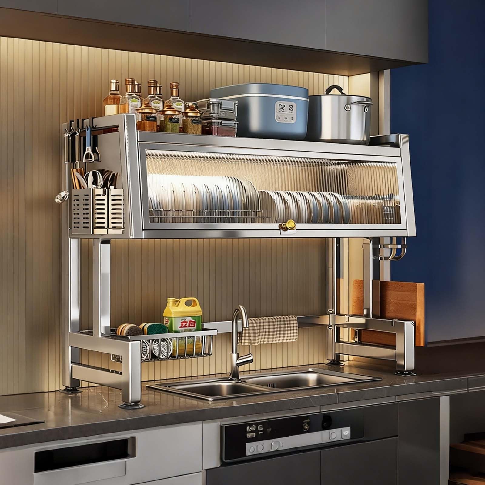 Scolapiatti salvaspazio con sportello a Cerniera, Realizzato in Acciaio Inox 304, Estensibile, per lavelli da Cucina (85 cm / 33,4 Pollici).