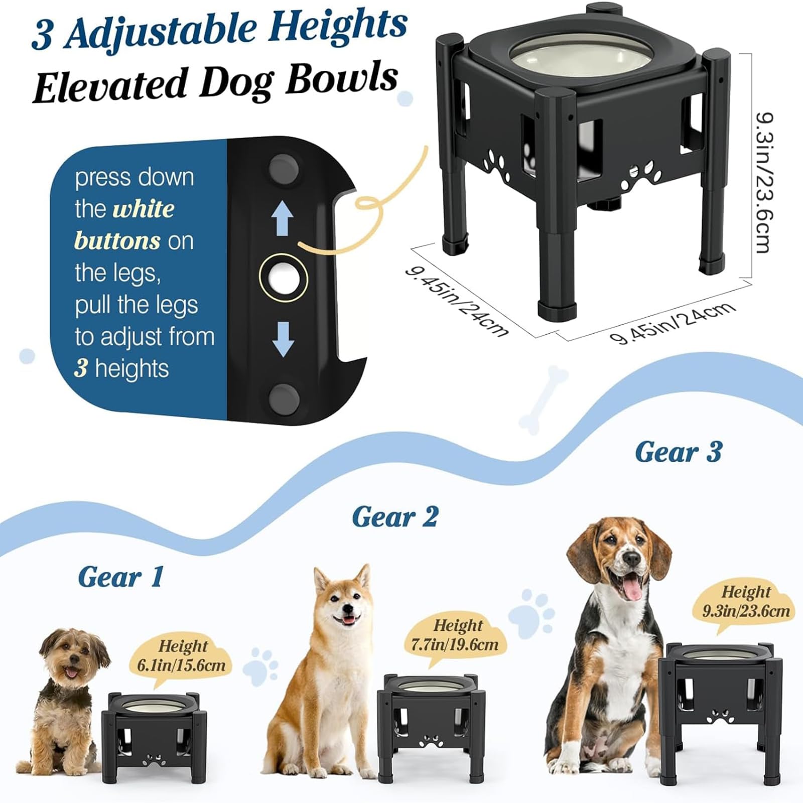Gamelles surélevées pour chien, gamelle d'eau surélevée pour chien sans déversement, gamelle d'eau surélevée de grande capacité de 80OZ pour chiens, gamelle d'eau surélevée réglable à 3 hauteurs