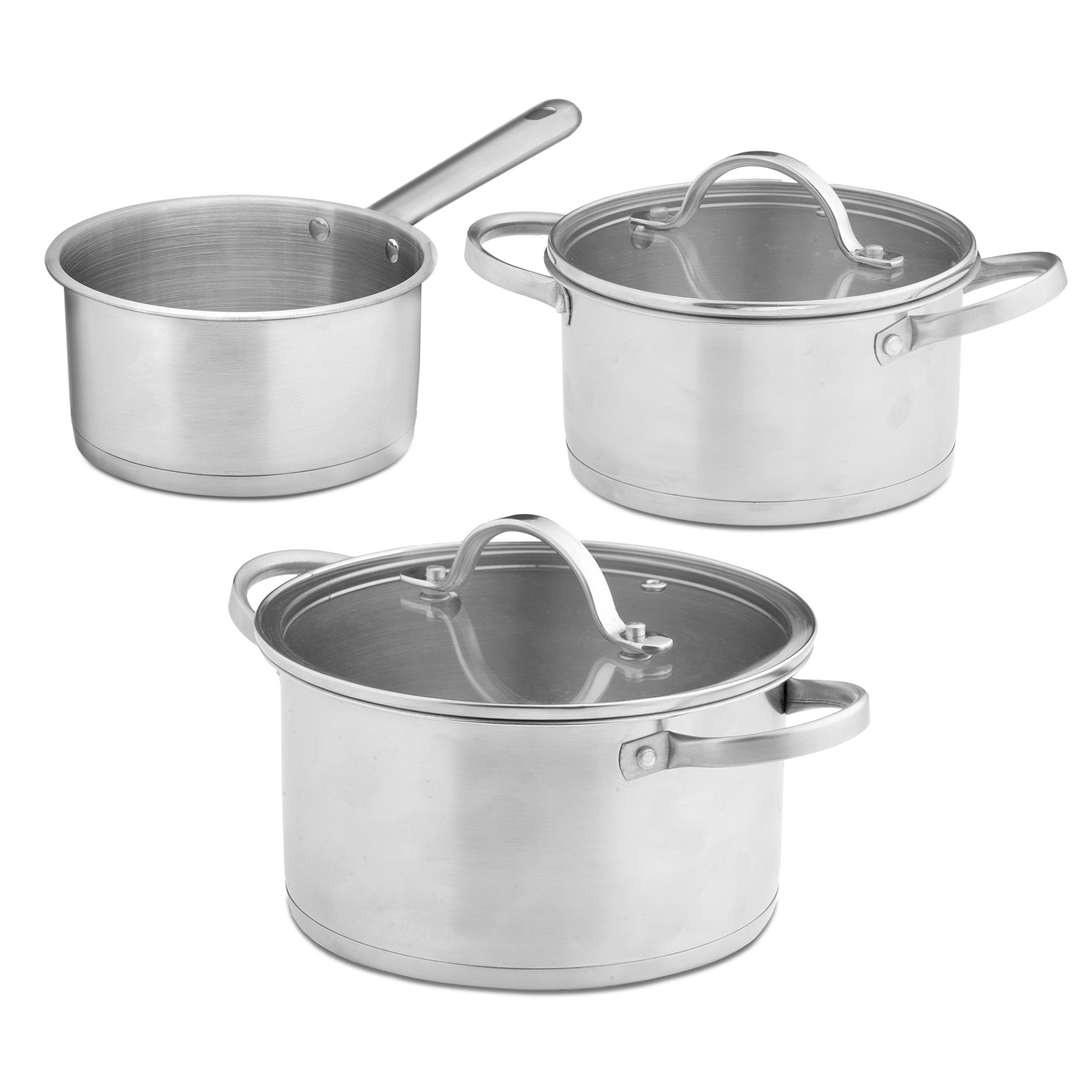 TIENDA EURASIA – Set 3 Cacerolas | Acero Inoxidable | Color Plata | 2 Tapas de Cristal Transparente | Medidas y Capacidad Cazo 16 cm 1.4L, Olla 18 cm 1.8L y Olla 20 cm 2.8L | Apto para Lavavajillas
