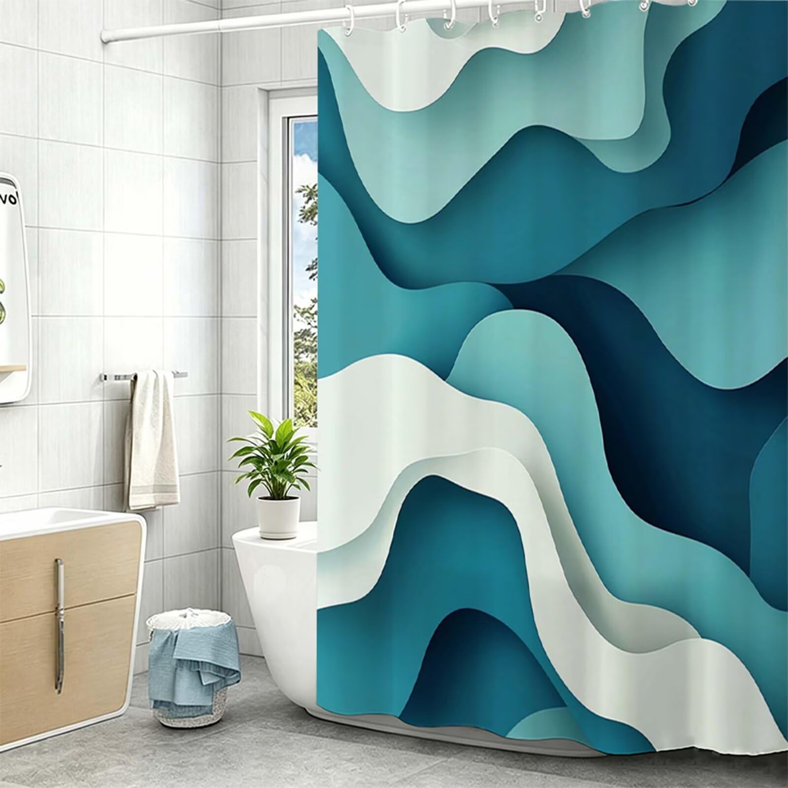 Tenda da Doccia turchese Semplice,Tenda Doccia 240x200cm,Shower Curtain Lavabile in Lavatrice con Orlo Ponderato e 12 Ganci,Impermeabile Tende Vasca da Bagno Lavabile Poliestere per Ambienti Umid Z-55