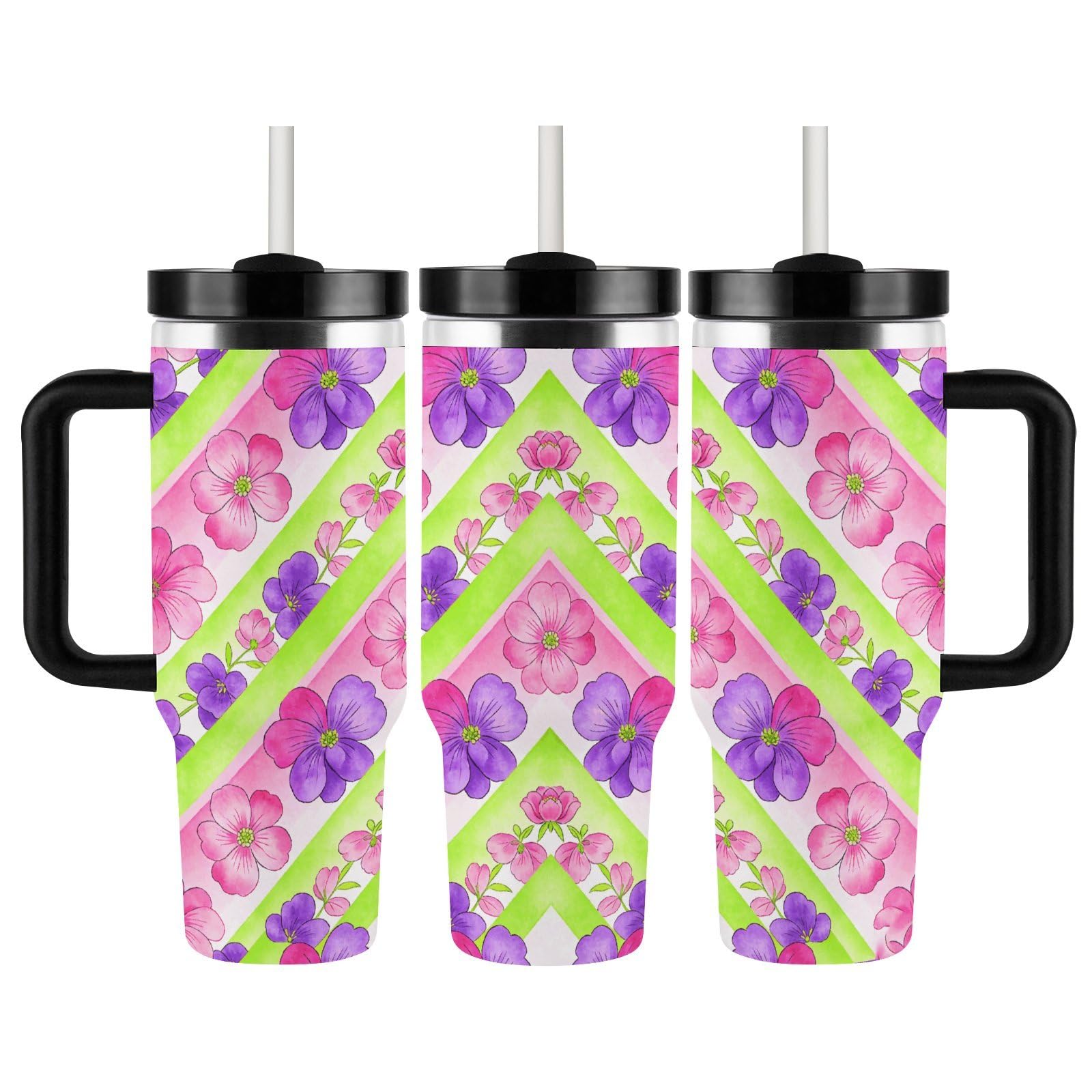 Chevron Blooms - Vaso de café de viaje de acero inoxidable, taza de café con tapa y popote, taza con asa, gran capacidad, doble pared al vacío, a prueba de fugas, taza térmica de café helado