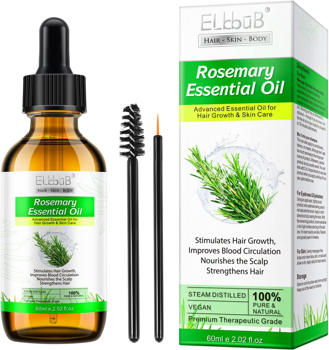 ELBBUB 100% Pure Rosemary Essential Oil for Skin Care & Stimulates Hair Growth for Men Women -60ml, Nourishes The Scalp, , Versatile Usage for Eyebrow and Eyelash