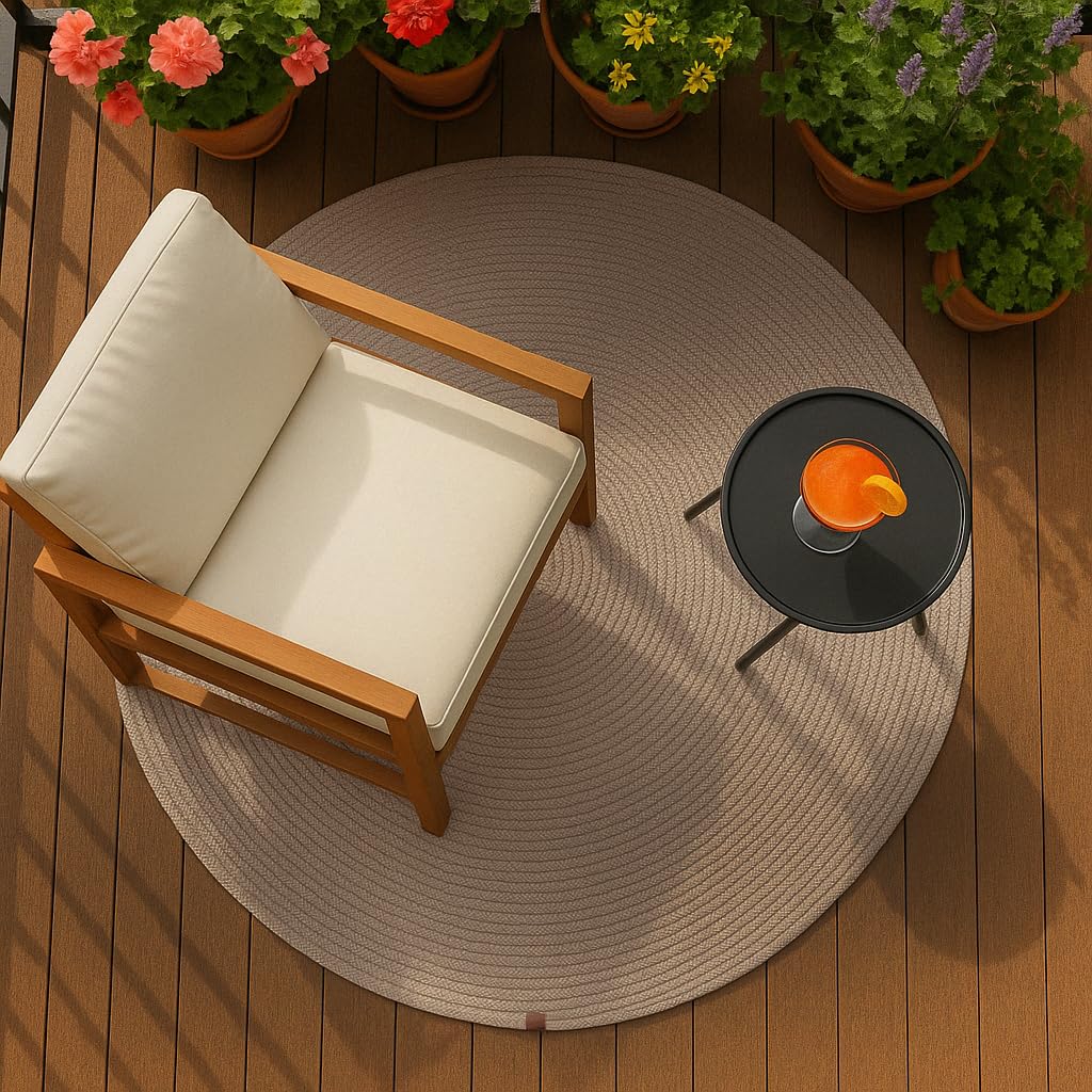 Astra Robuster Outdoorteppich rund - Beidseitig nutzbarer Teppich Innen und Außen - Handgenähter-Teppich Balkon, Terasse, Garten - Grau rund Ø 120 cm