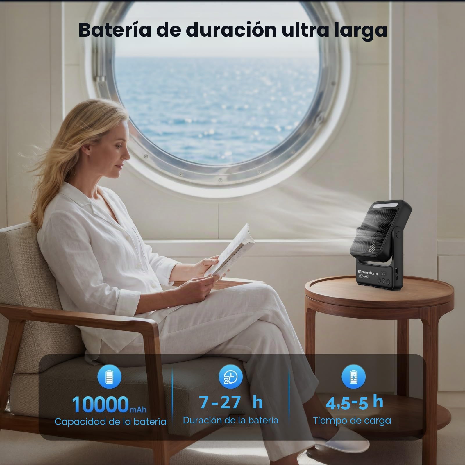 MERTTURM Ventilador Magnético de Escritorio para Crucero con Luz Nocturna, 10000mAh Recargable Portátil de Viaje con Mando a Distancia, 4 Velocidades, Temporizador, Gancho, para Acampar/Crucero/Golf
