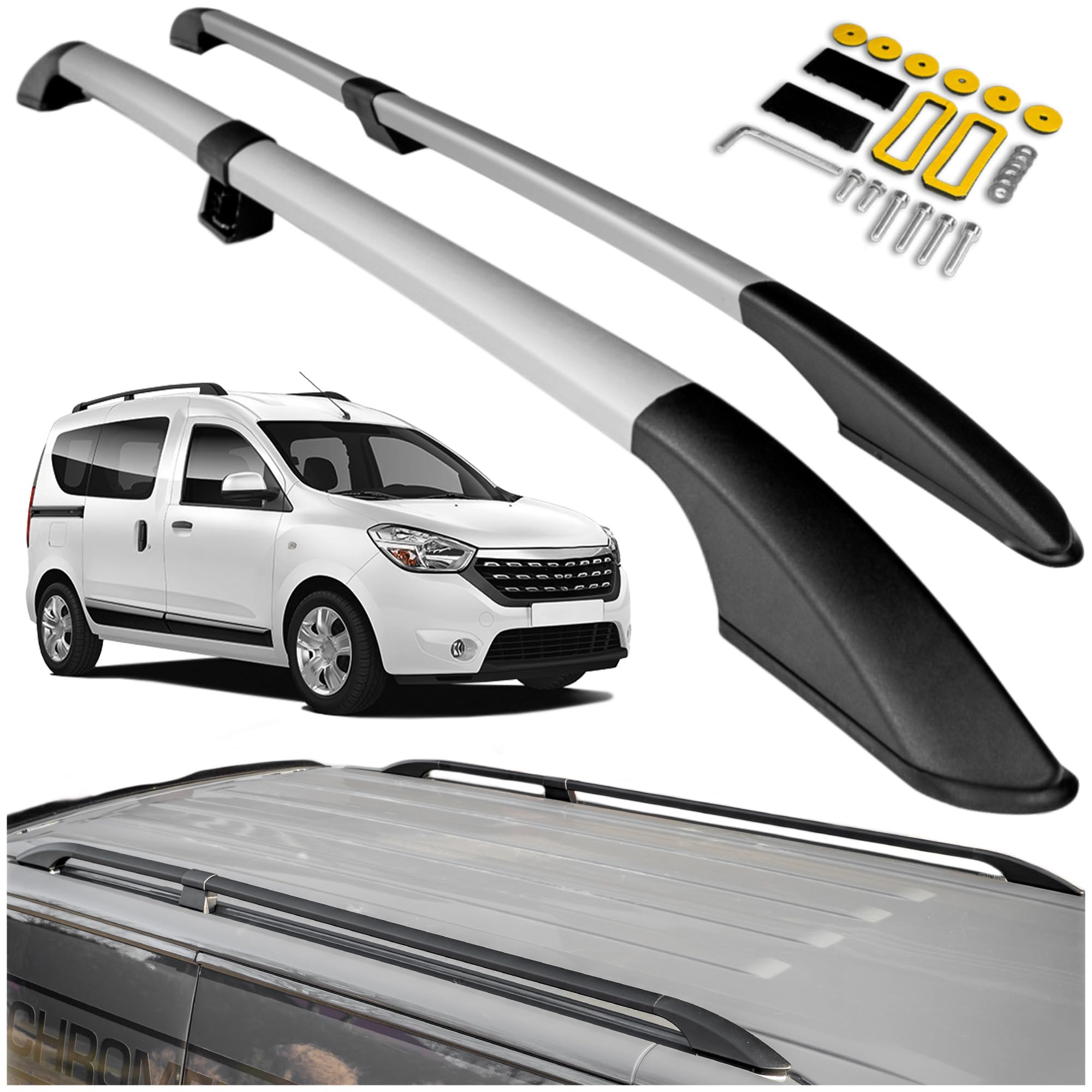 CHROMEMASTER | Compatible con Dacia Dokker 2012-2021 | Barras Portaequipajes, Rieles de Techo; Se Utilizan para el Montaje de Portaequipajes de Techo, Cajas de Techo o Portabicicletas; Aluminio