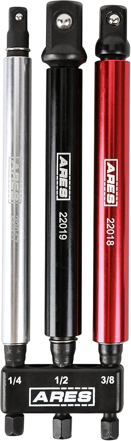 ARES 22011 - 3-Piece 3-Inch Impact Grade Socket Adapter Set with Color Sleeve - Turns Impact Drill Drivers into High Speed Socket Drivers - 1/4-Inch, 3/8-Inch, and 1/2-Inch Drive - - 
