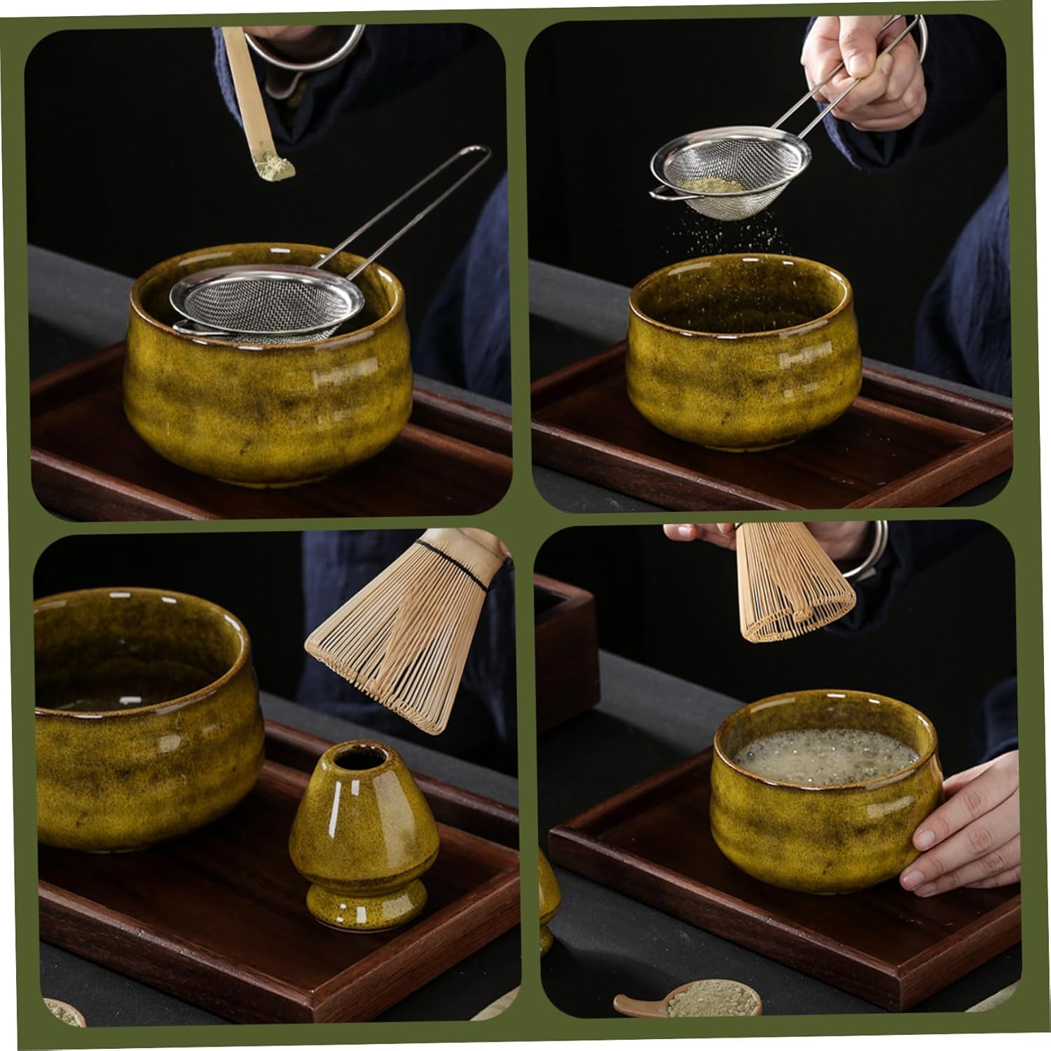 7PCS/Set Matcha Whisk Set Includes Matcha Bowl, Bamboo Whisk, Holder, Sifter, Tea Scoop, Scoop Holder and Tea towel, Japanese Set Yellow-Green