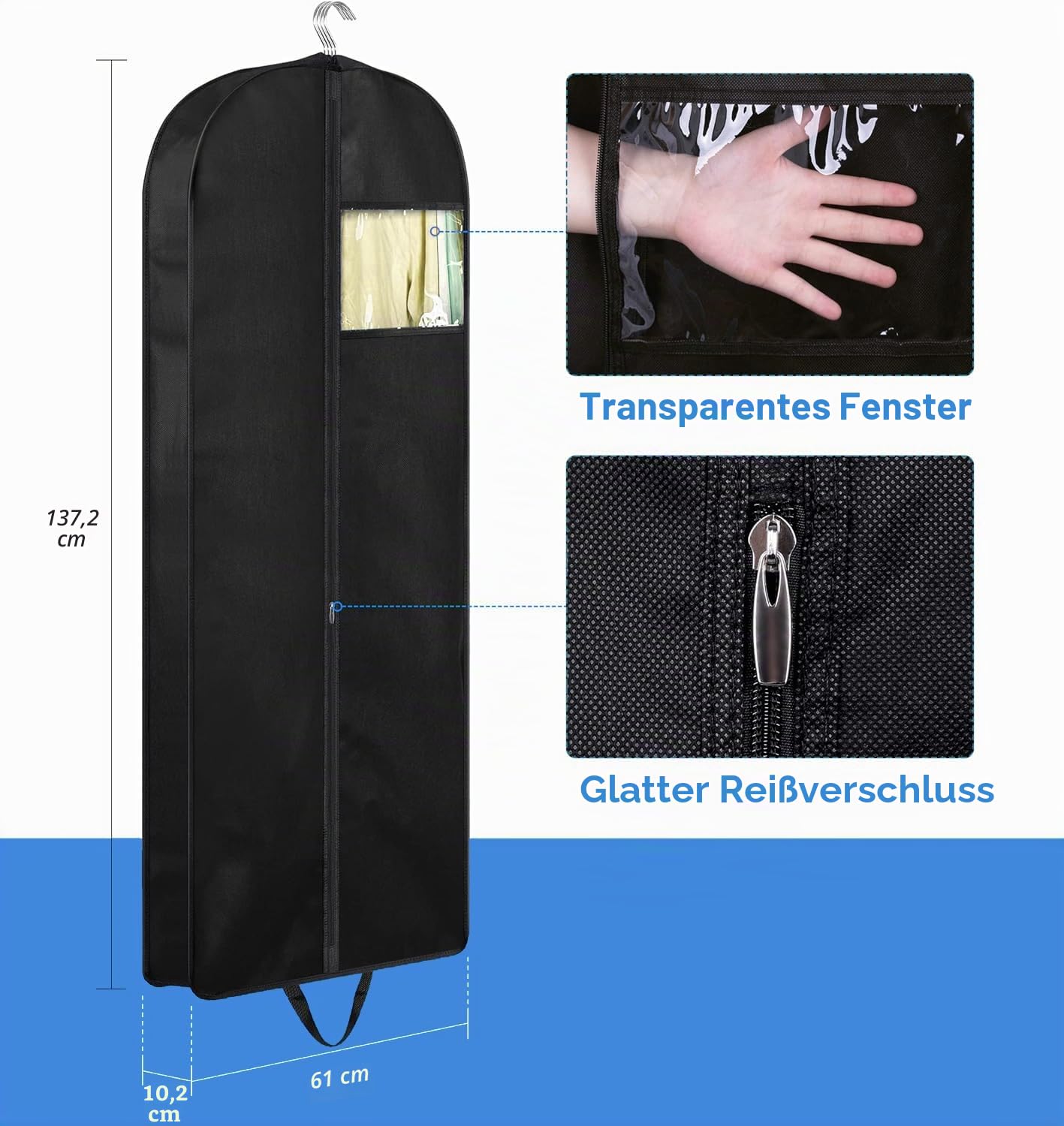 MISSLO 137 Cm Kleidersäcke Lange Anzugtasche Herren, Kleiderschutzhülle Mottensicher mit Tragegriffen für Aufbewahrung Mäntel, Kleider, Anzug, 3 Stück, Schwarz