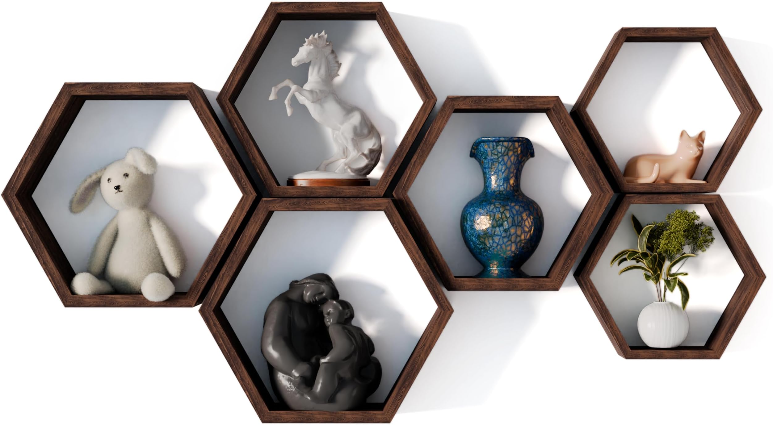 Hexagon Floating Shelves Set of 6 Honeycomb Shelves for Wall, Wooden Hexagon Shelves for Farmhouse Storage.
