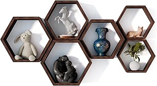 Hexagon Floating Shelves Set of 6 Honeycomb Shelves for Wall, Wooden Hex...