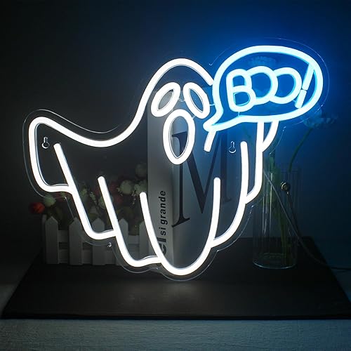 Letrero de neón de fantasma, luces LED blancas y azules de neón para decoración de pared, alimentada por USB, divertidos letreros iluminados para