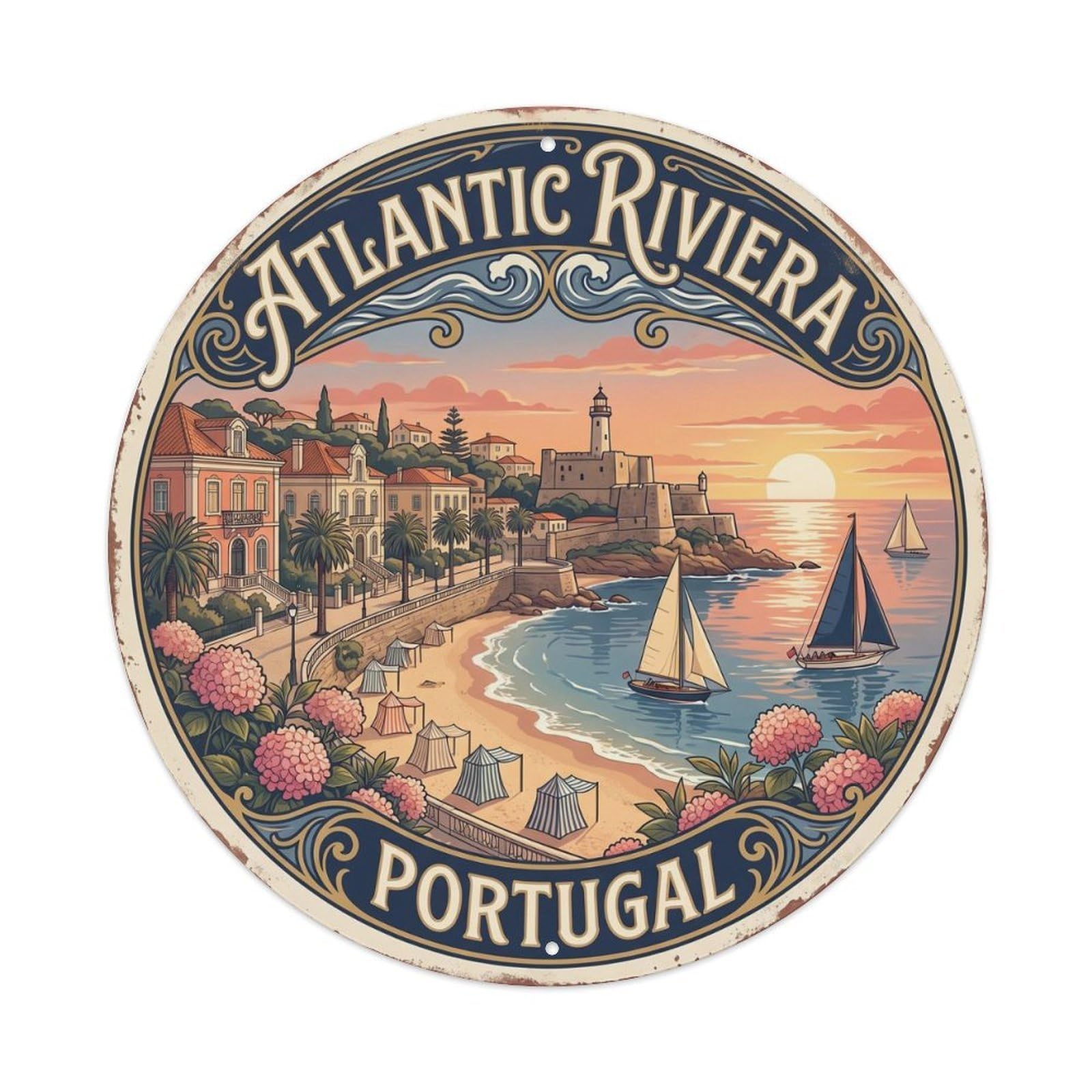 Vintage Travel Atlantic Riviera Portugal Metal Tin Sign