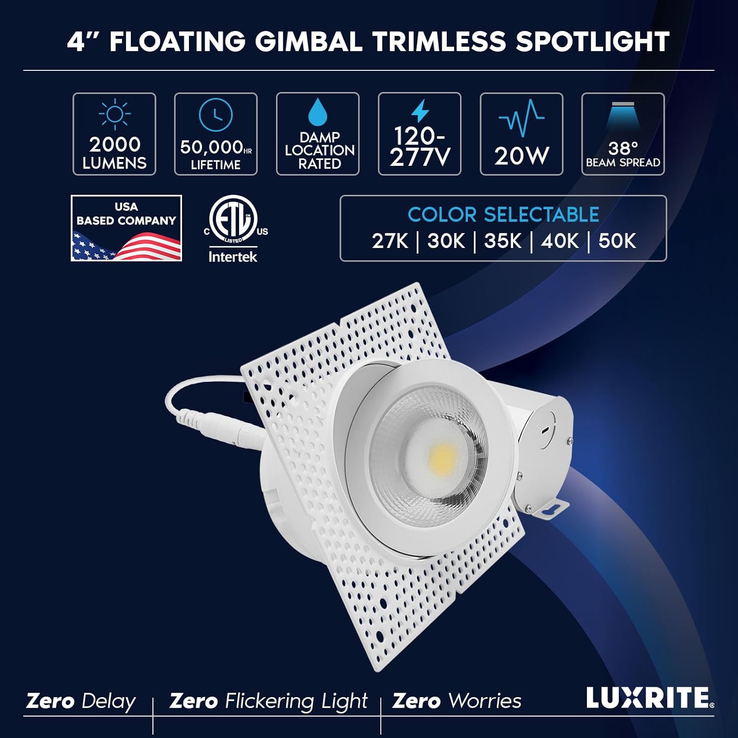 LUXRITE 4 Inch Trimless Gimbal LED Recessed Lighting, 20W, 2000LM, 5CCT Selectable 2700K-5000K, 38° Beam Angle, Dual Dimmable, Directional Push-n-Lock Spotlight, CRI 90, Damp & IC Rated, ETL White